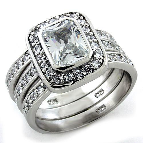 LOAS1199 Rhodium 925 Sterling Silver Ring featuring AAA Grade clear CZ stone, showcasing its elegant design and shine.