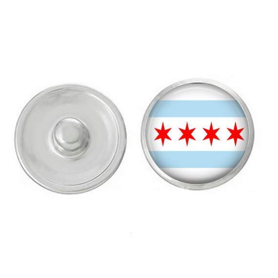 Hand-pressed Chicago Flag Snap, 7/8 inch round, colorful design showcasing the Chicago flag, perfect for jewelry customization.