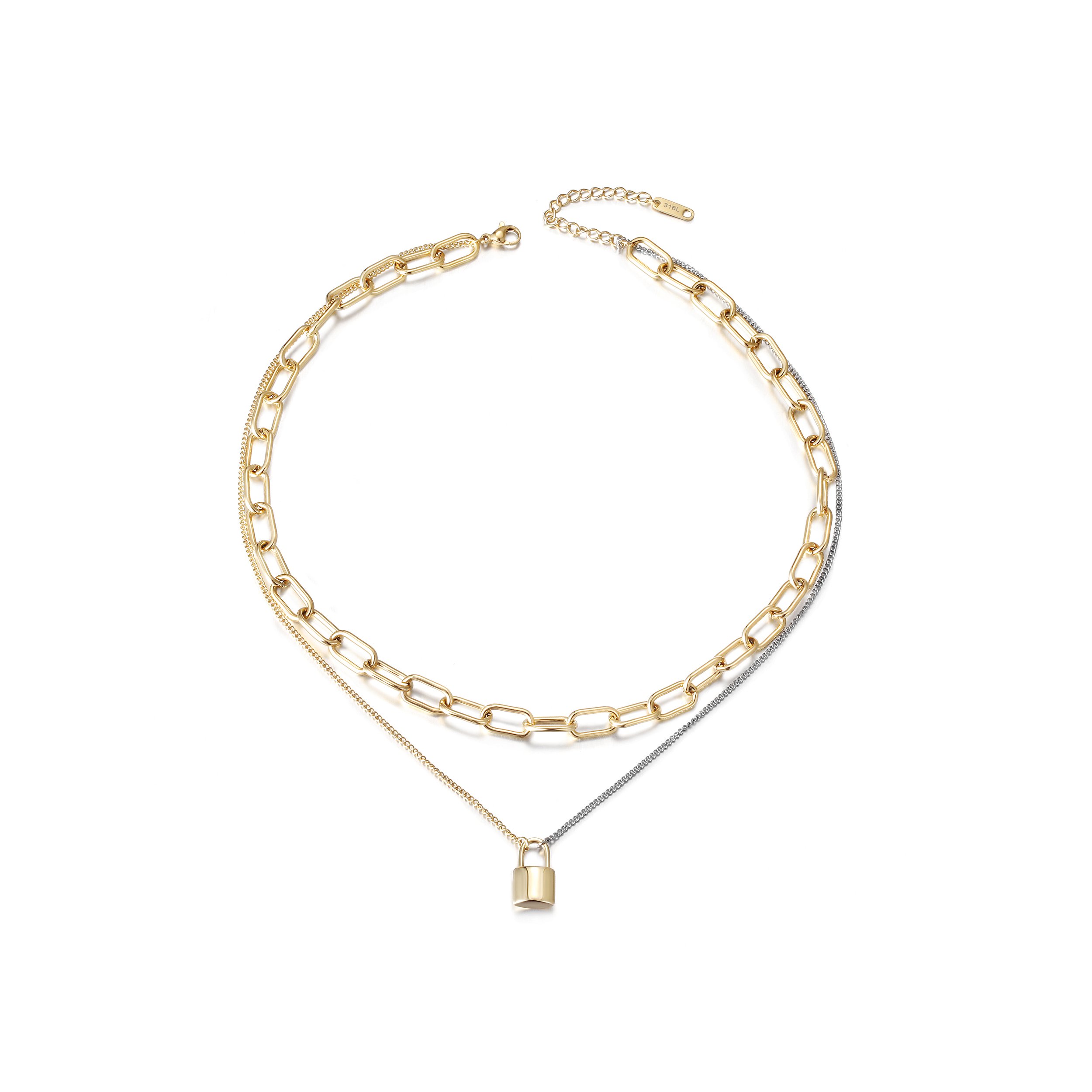 A stylish layered necklace featuring a lock pendant, crafted from surgical stainless steel with a gold finish.