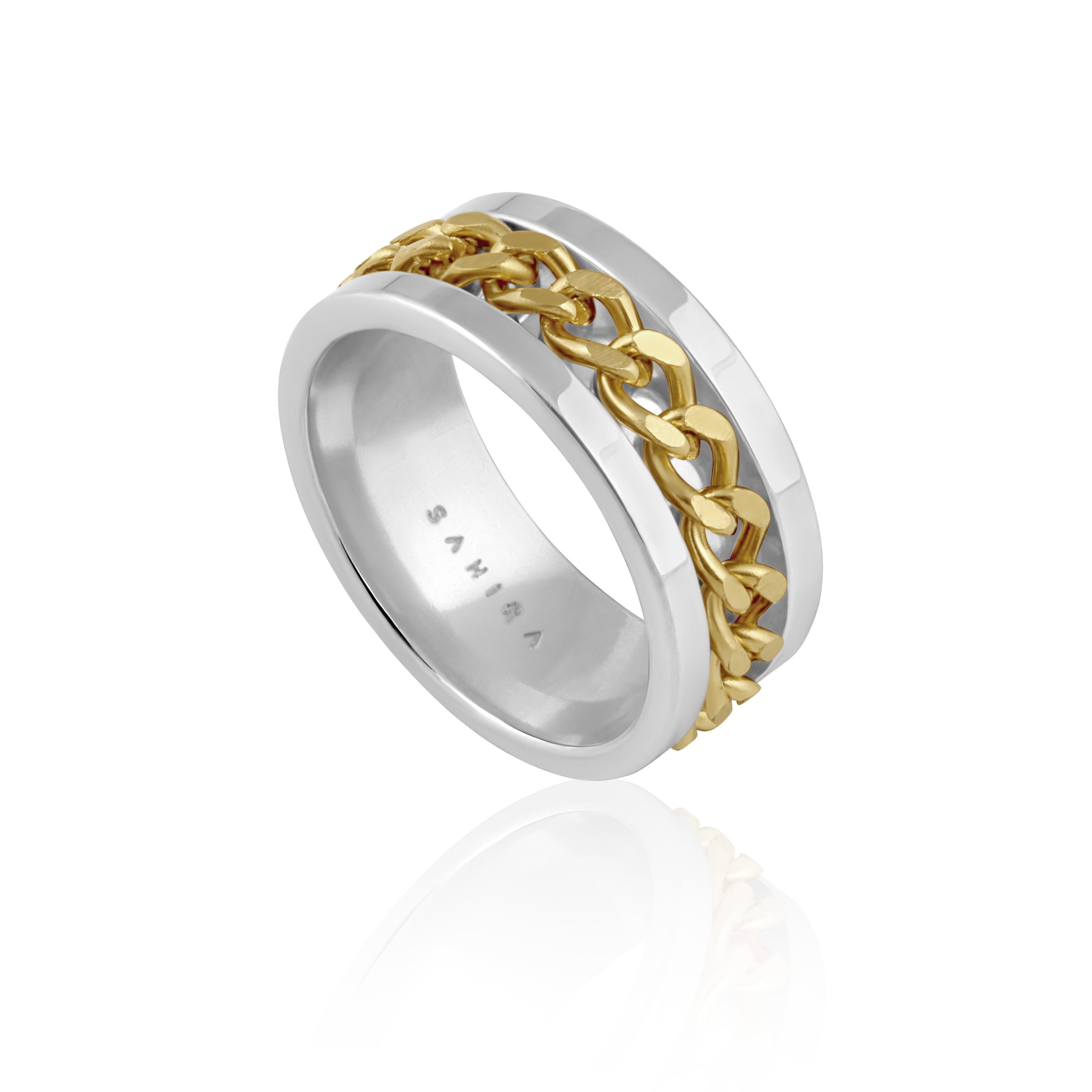 Lola Chain Ring featuring an 8mm width, crafted from stainless steel with 18k gold plating, showcasing a stylish chain design.