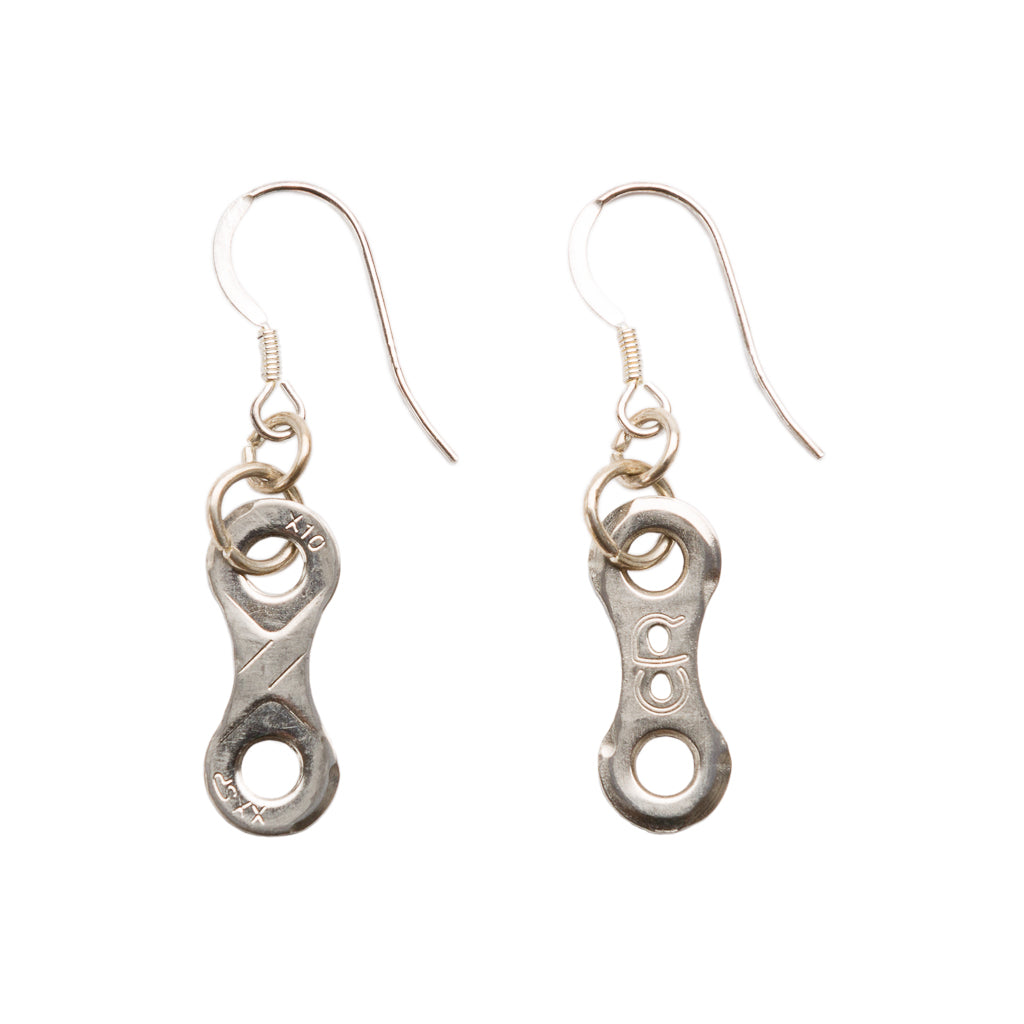 Handmade Lone Rider bike chain earrings in three colors, showcasing upcycled bicycle chain links with stainless steel hooks.