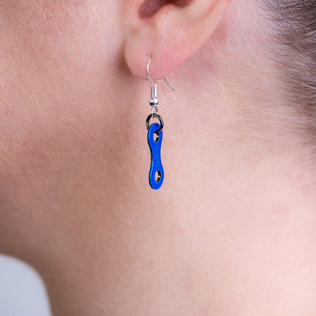 Handmade Lone Rider bike chain earrings in three colors, showcasing upcycled bicycle chain links with stainless steel hooks.