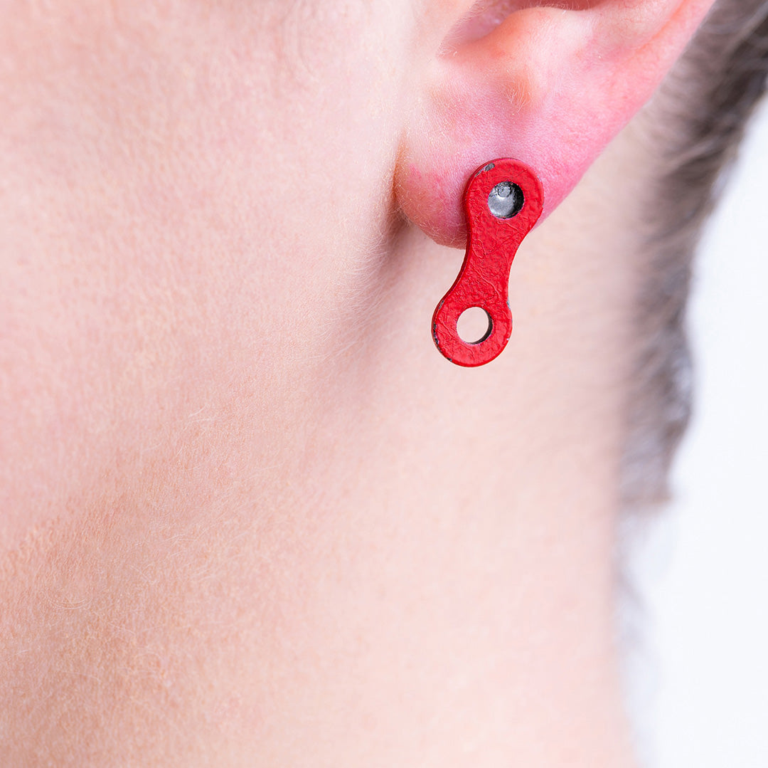 Lone Rider Bike Chain Link Stud Earrings in three colors, showcasing unique upcycled design and stainless steel studs.