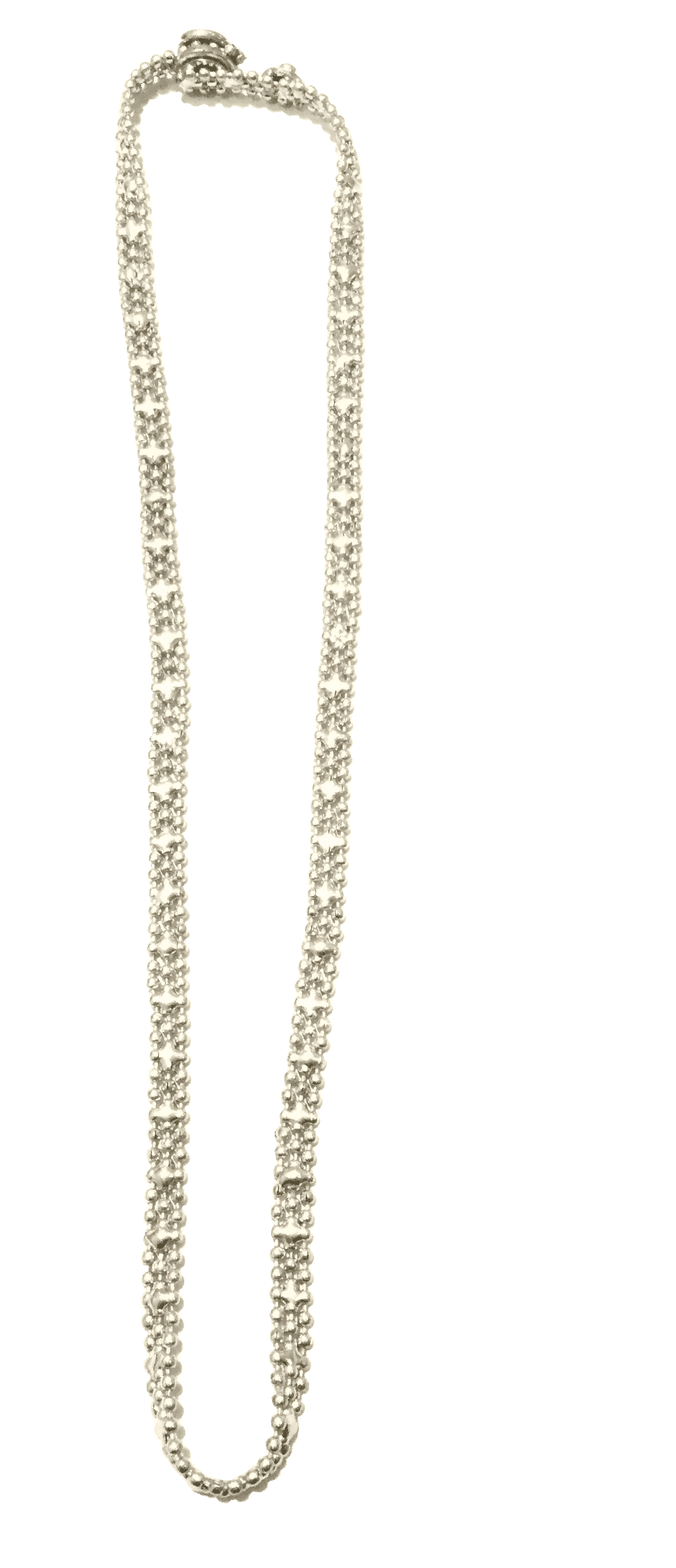 A stunning Long Chainmail Necklace in silver and gold plating, showcasing its elegant design and intricate chainmail construction.