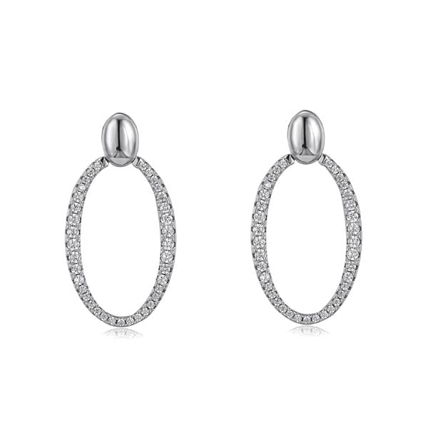 Long hoop drop earrings made of 925 sterling silver with white gold finish and white sapphire accents, showcasing elegance and style.