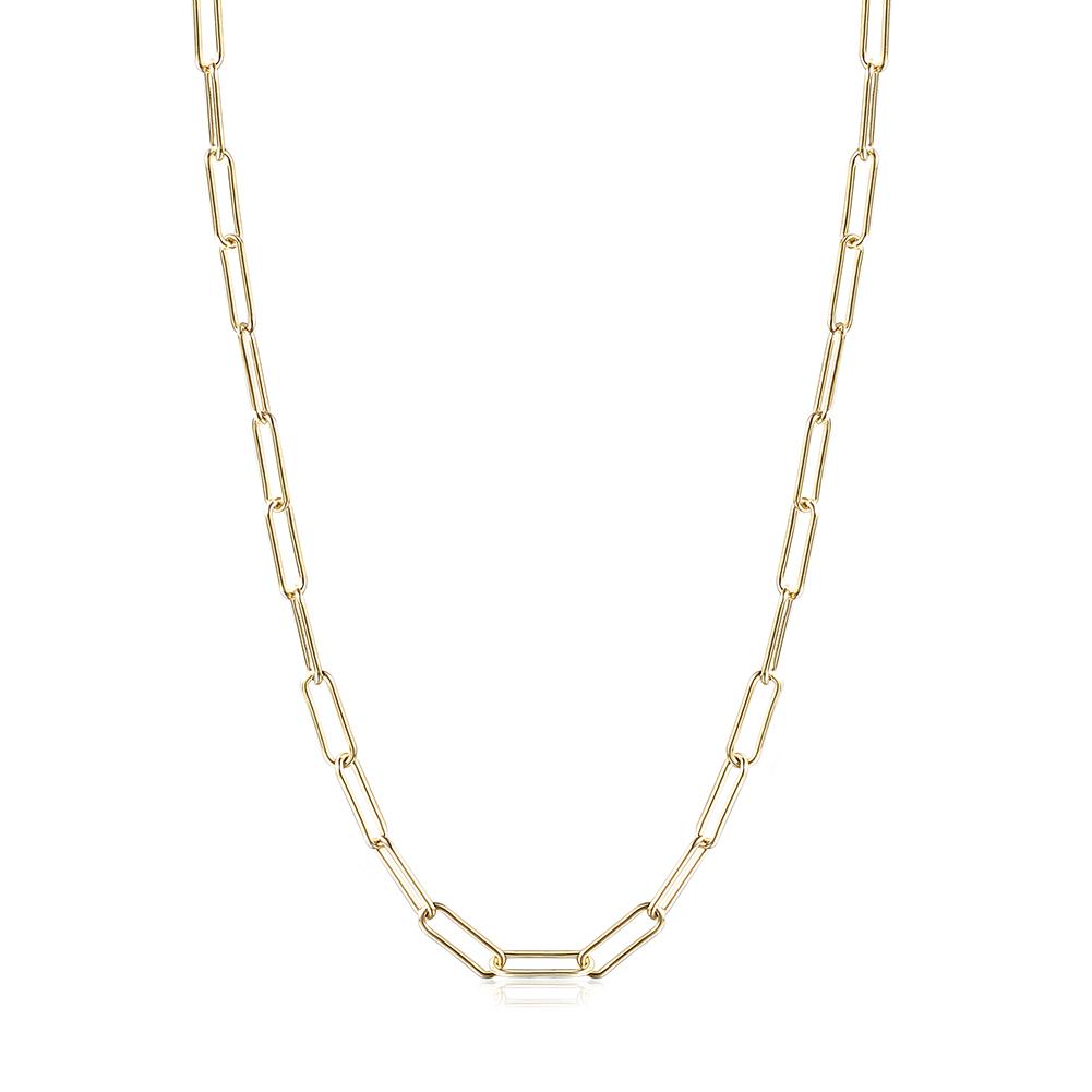 A stylish Long Linear Link Chain Necklace made of 316L surgical stainless steel with 14K gold PVD plating, showcasing its elegant design.