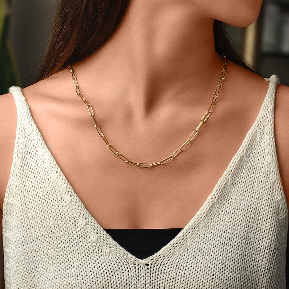 A stylish Long Linear Link Chain Necklace made of 316L surgical stainless steel with 14K gold PVD plating, showcasing its elegant design.