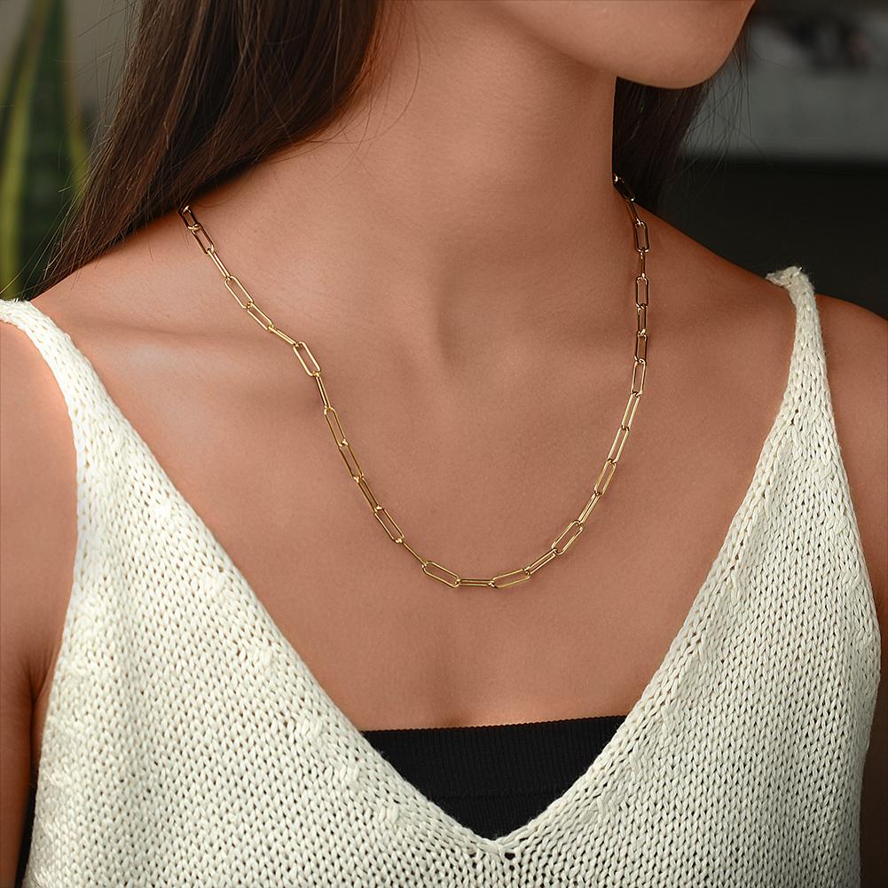 A stylish Long Linear Link Chain Necklace made of 316L surgical stainless steel with 14K gold PVD plating, showcasing its elegant design.