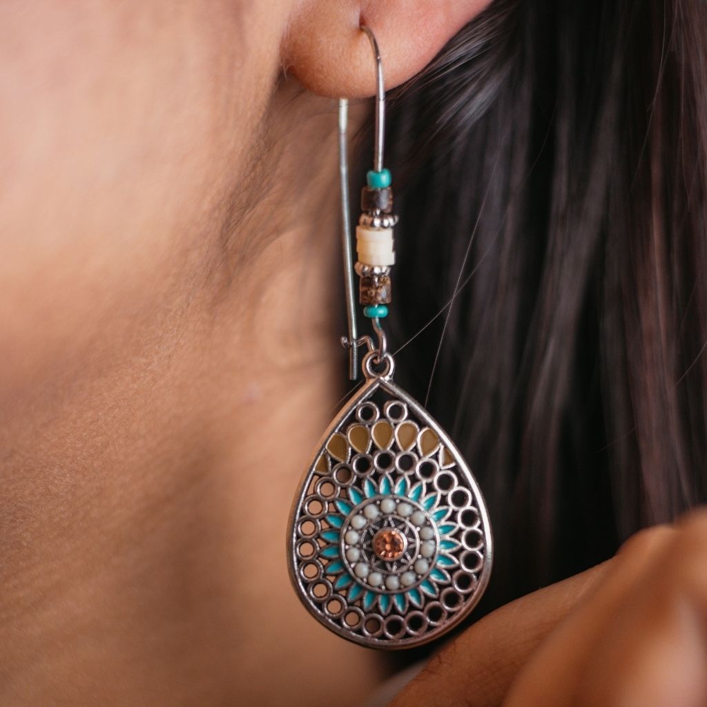 Long Mandala Floral Enamel Drop Earrings in turquoise, featuring intricate mandala and floral designs, perfect for boho and vintage styles.