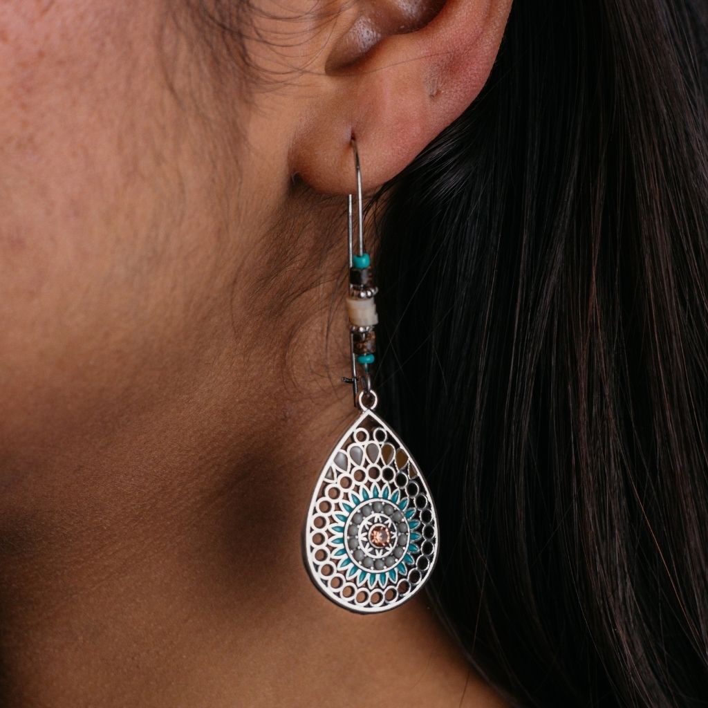 Long Mandala Floral Enamel Drop Earrings in turquoise, featuring intricate mandala and floral designs, perfect for boho and vintage styles.