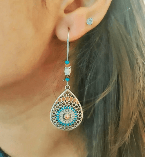 Long Mandala Floral Enamel Drop Earrings in turquoise, featuring intricate mandala and floral designs, perfect for boho and vintage styles.