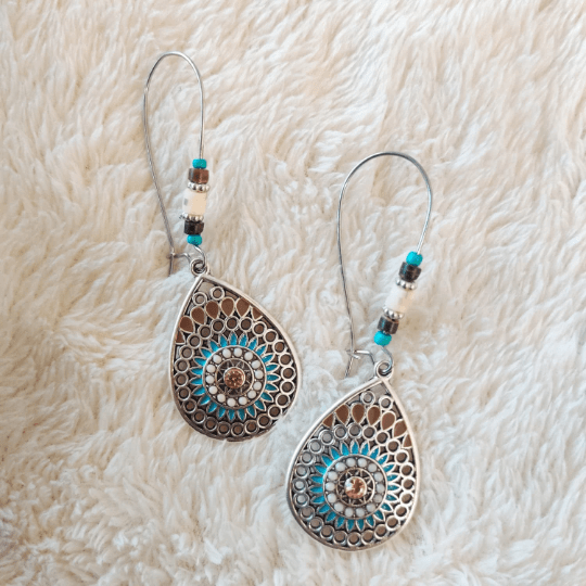 Long Mandala Floral Enamel Drop Earrings in turquoise, featuring intricate mandala and floral designs, perfect for boho and vintage styles.