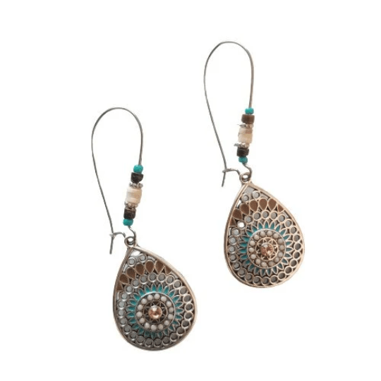 Long Mandala Floral Enamel Drop Earrings in turquoise, featuring intricate mandala and floral designs, perfect for boho and vintage styles.