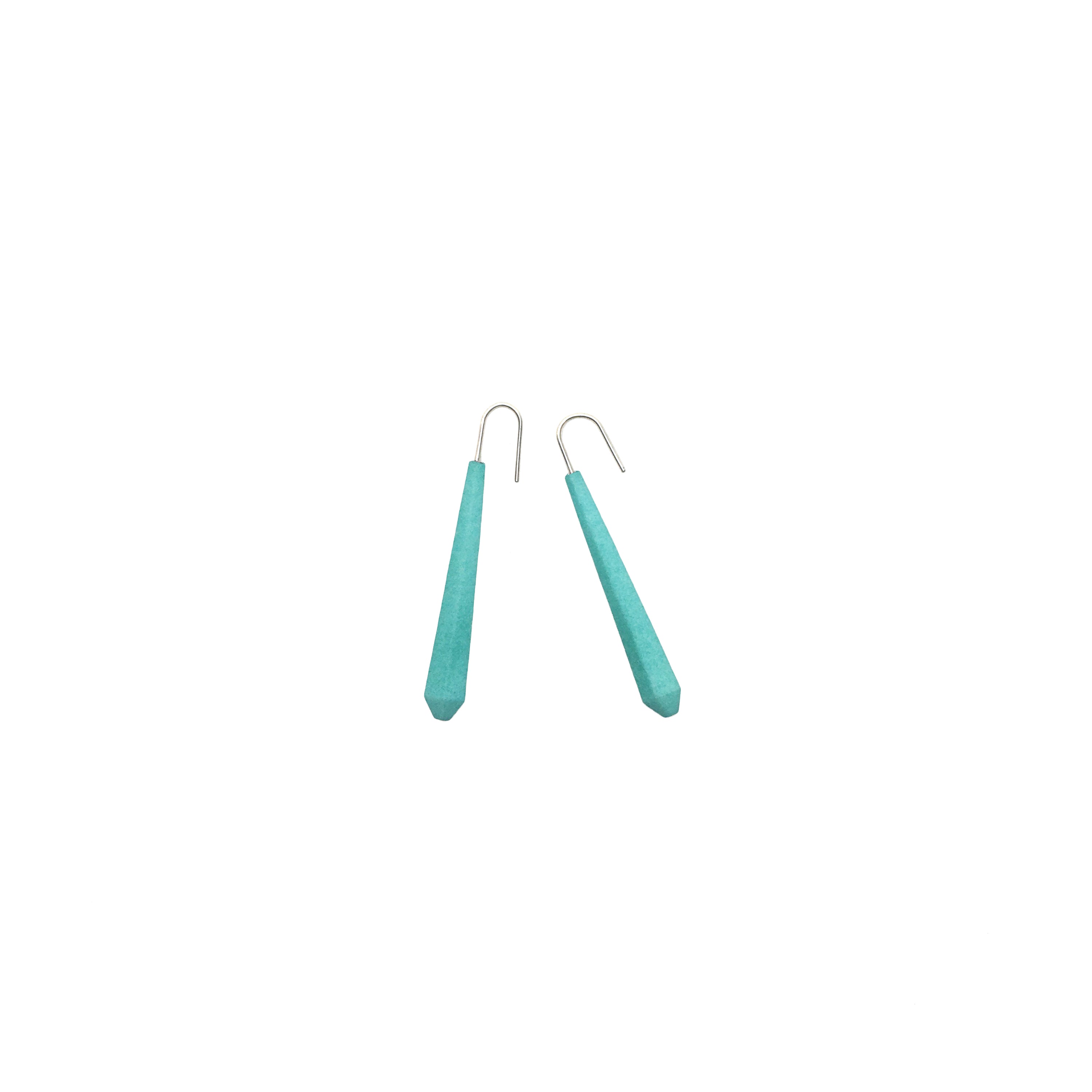 Long Pentagon Earrings in vibrant colors, featuring a geometric design with sterling silver hooks, displayed in a fabric pouch.