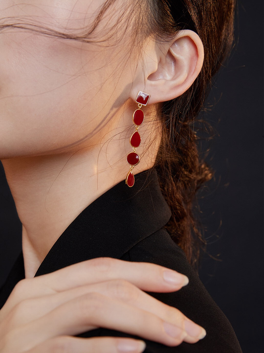 Long Red Drip Glaze Dangle Earrings featuring a vibrant red glaze and gold vermeil accents, elegantly handcrafted for a unique look.