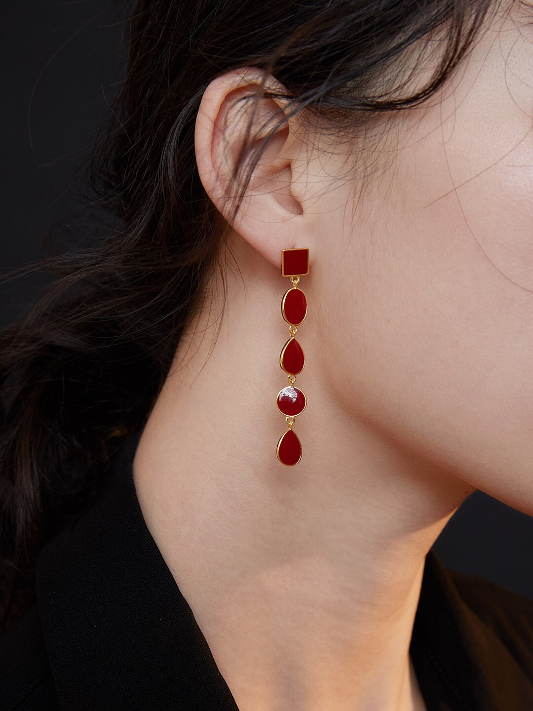 Long Red Drip Glaze Dangle Earrings featuring a vibrant red glaze and gold vermeil accents, elegantly handcrafted for a unique look.