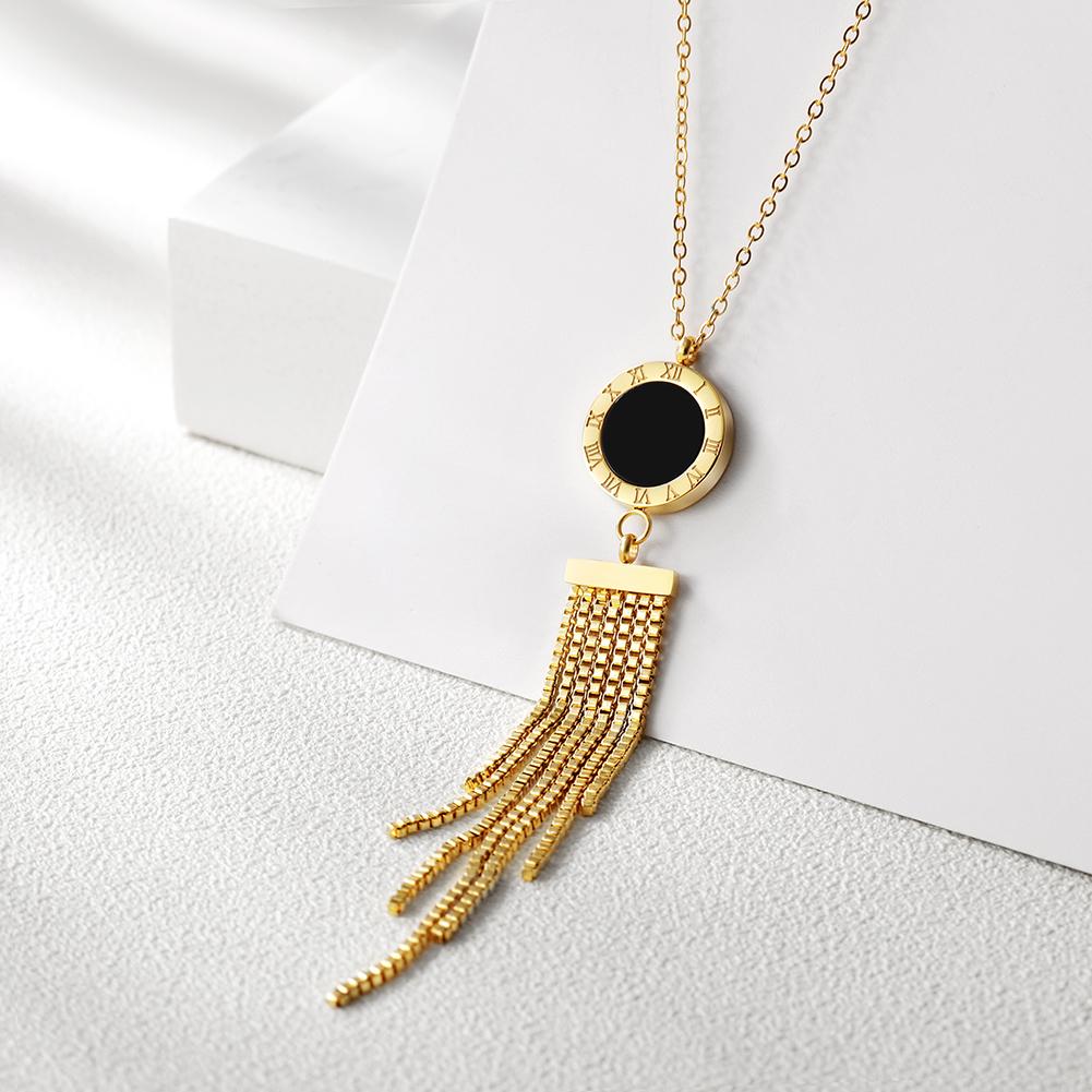 A stylish Long Tassel Pendant Necklace made of 316L surgical stainless steel with 14K gold PVD plating, featuring elegant tassels.