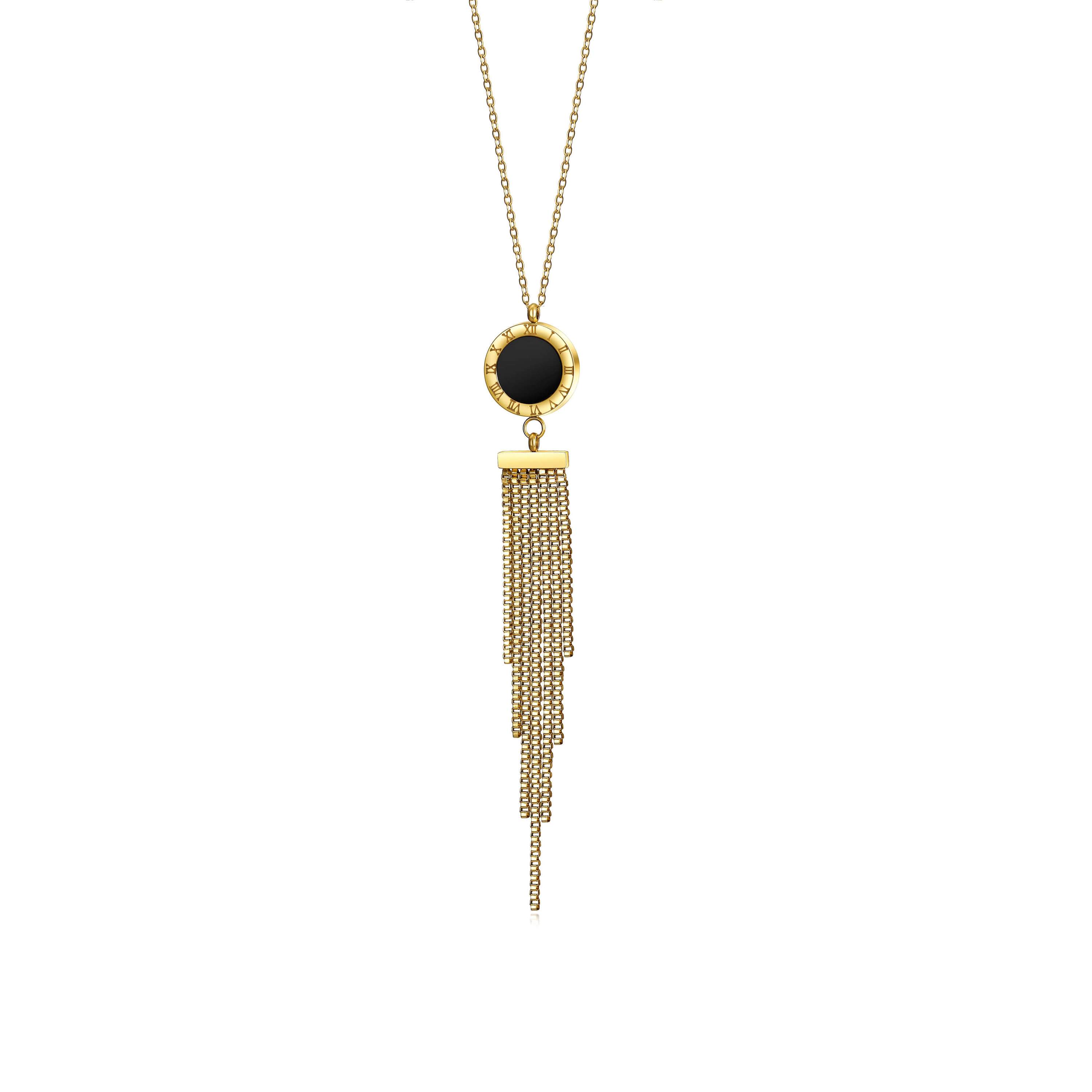 A stylish Long Tassel Pendant Necklace made of 316L surgical stainless steel with 14K gold PVD plating, featuring elegant tassels.