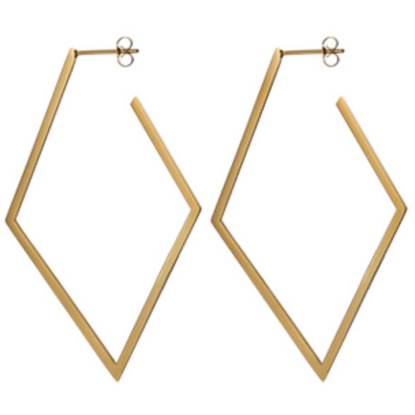 Lori Hoops - edgy rhombus-shaped earrings in 14k gold plated stainless steel, showcasing their unique design and shine.