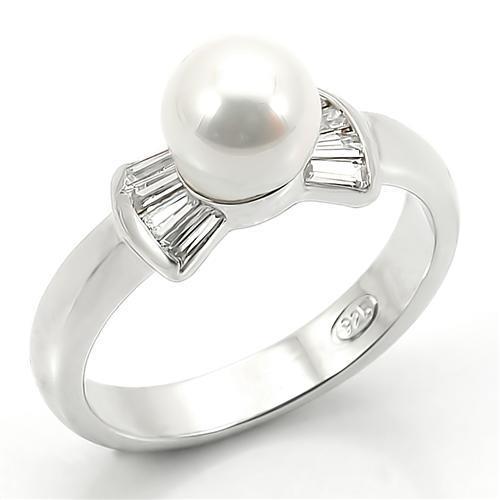 LOS099 Rhodium 925 Sterling Silver Ring featuring a synthetic white pearl, showcasing its elegant design and shiny finish.