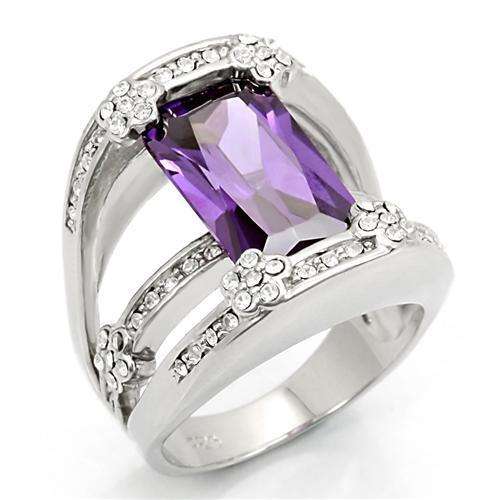 LOS187 Rhodium 925 Sterling Silver Ring featuring an AAA Grade CZ center stone in Amethyst color, showcasing its elegant design and shine.