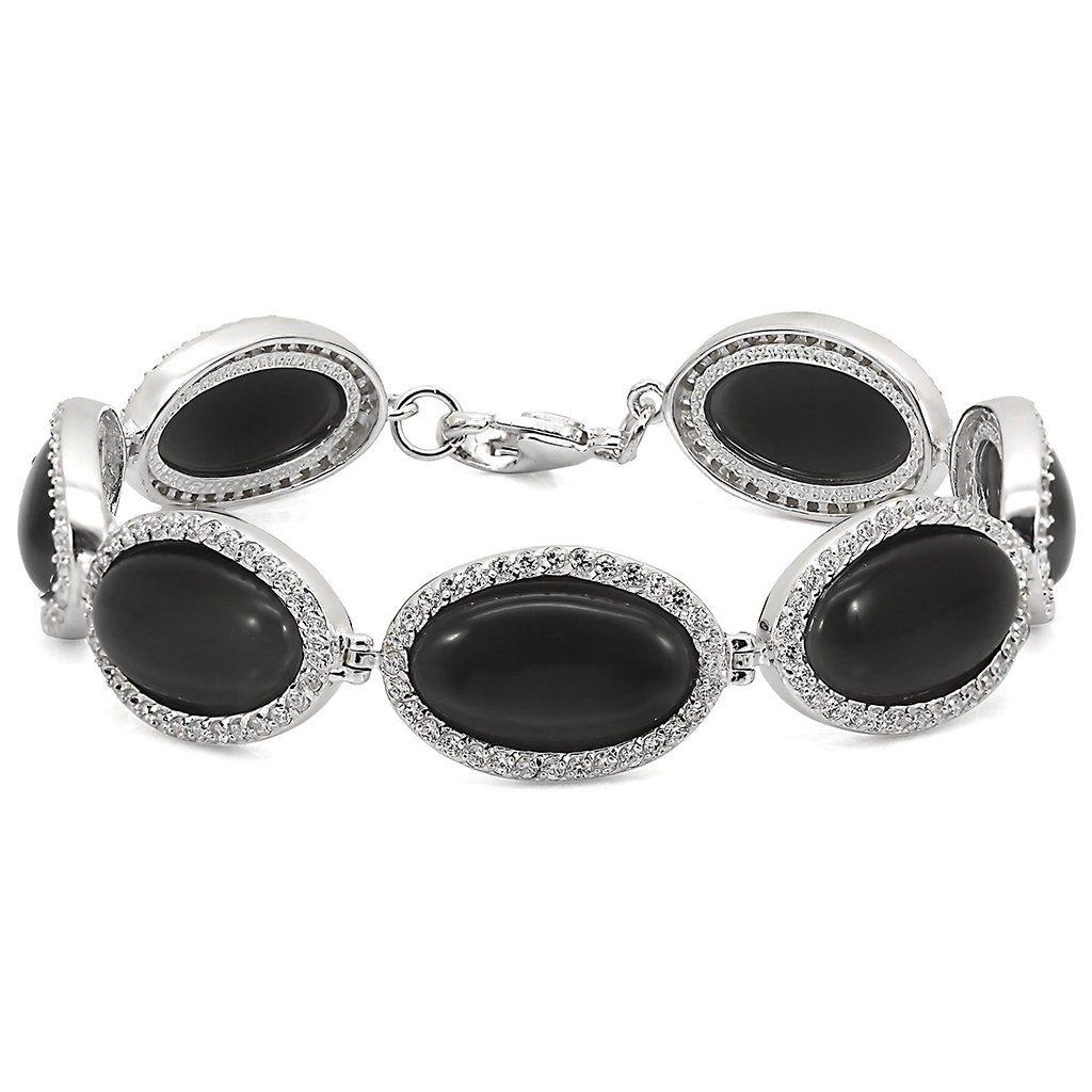 LOS330 Rhodium 925 Sterling Silver Bracelet featuring a synthetic cat eye stone in jet color, showcasing elegance and craftsmanship.