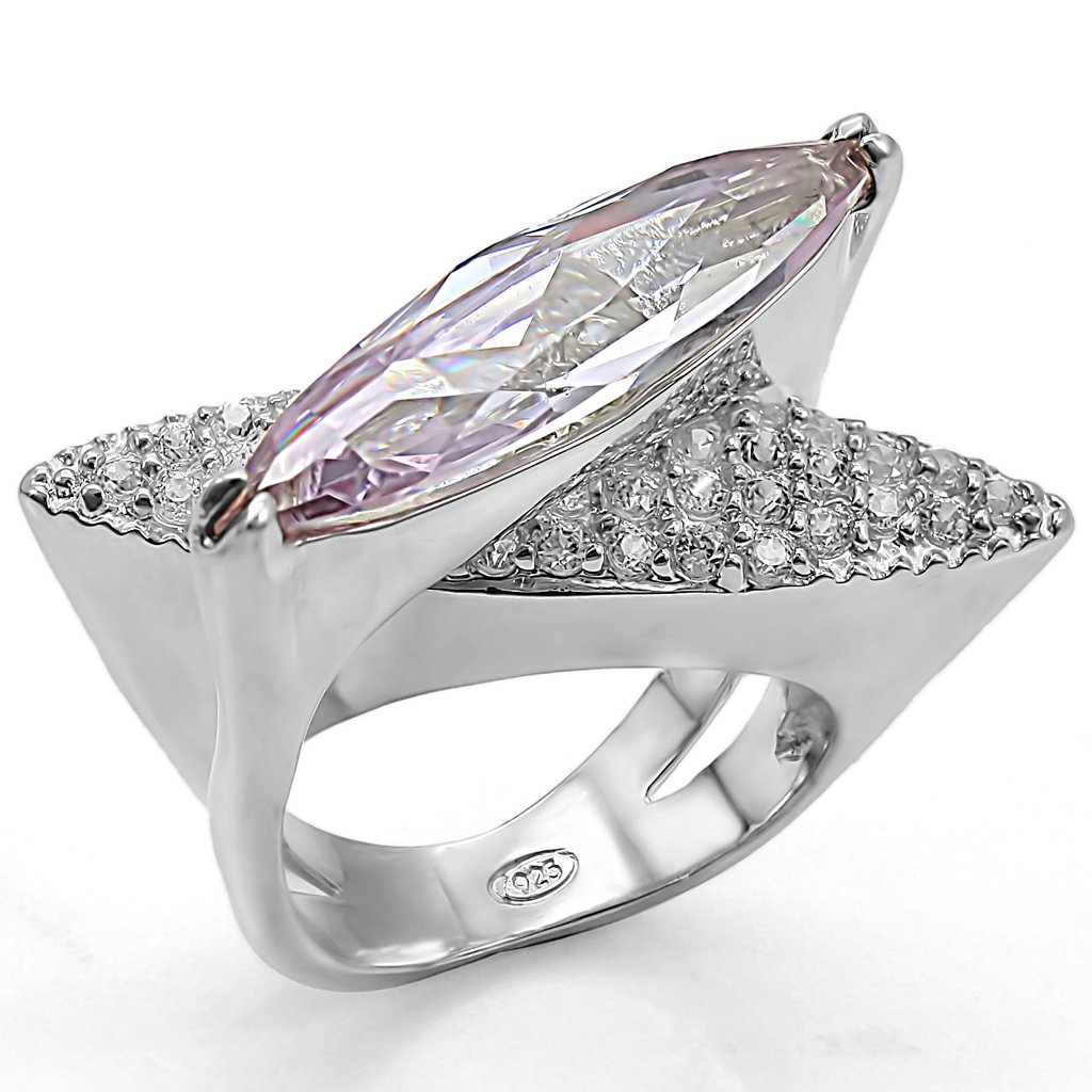 LOS390 High-Polished 925 Sterling Silver Ring featuring AAA Grade CZ in light amethyst, showcasing its elegant design and shine.