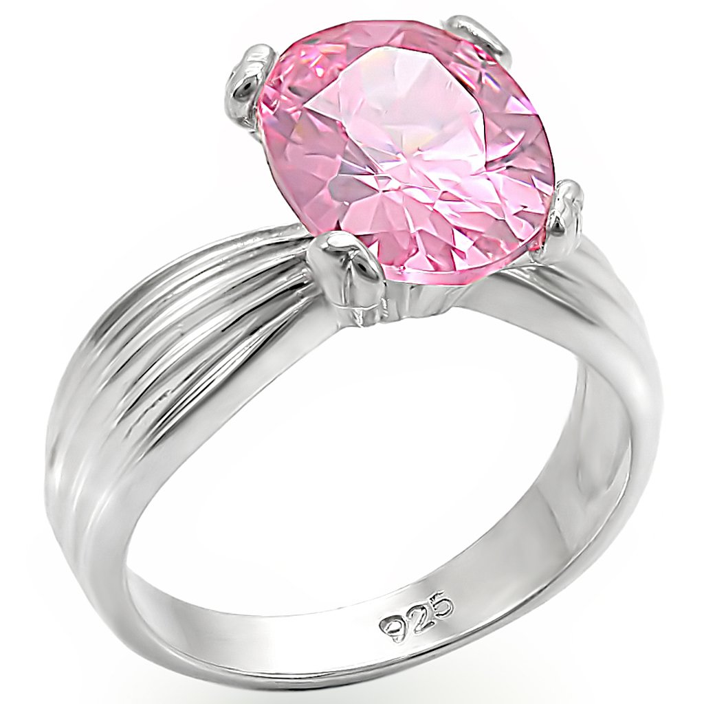 LOS393 High-Polished 925 Sterling Silver Ring featuring a rose-colored AAA Grade CZ stone, showcasing elegance and craftsmanship.