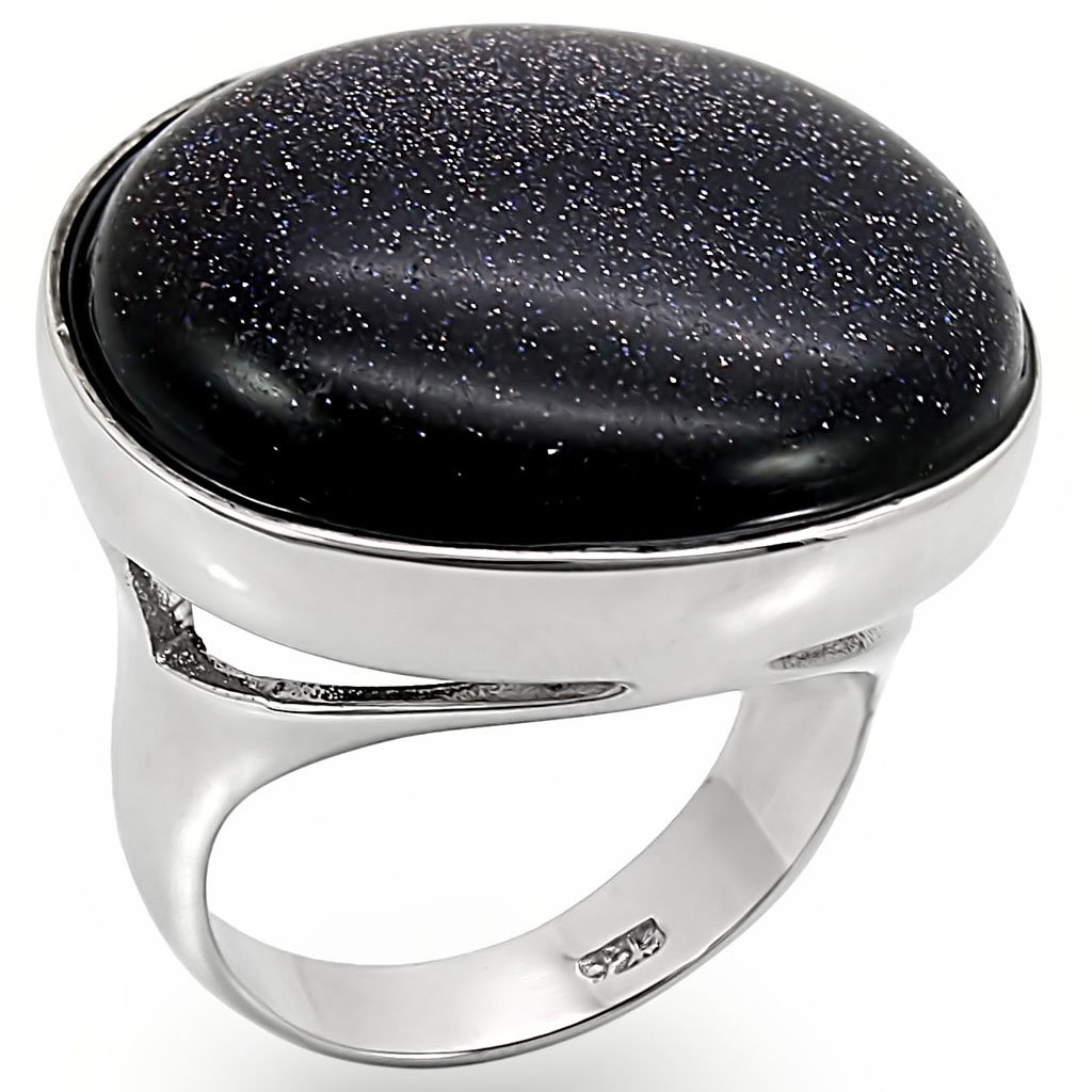 LOS401 Rhodium 925 Sterling Silver Ring featuring a Montana blue sand stone, showcasing its elegant design and shiny finish.