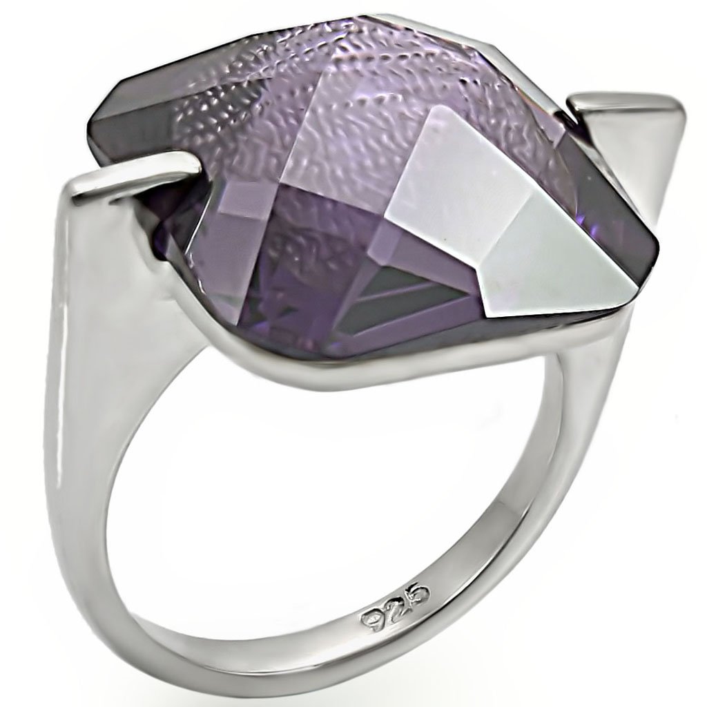 LOS409 High-Polished 925 Sterling Silver Ring featuring an AAA Grade CZ stone in amethyst color, showcasing its elegant design and shine.