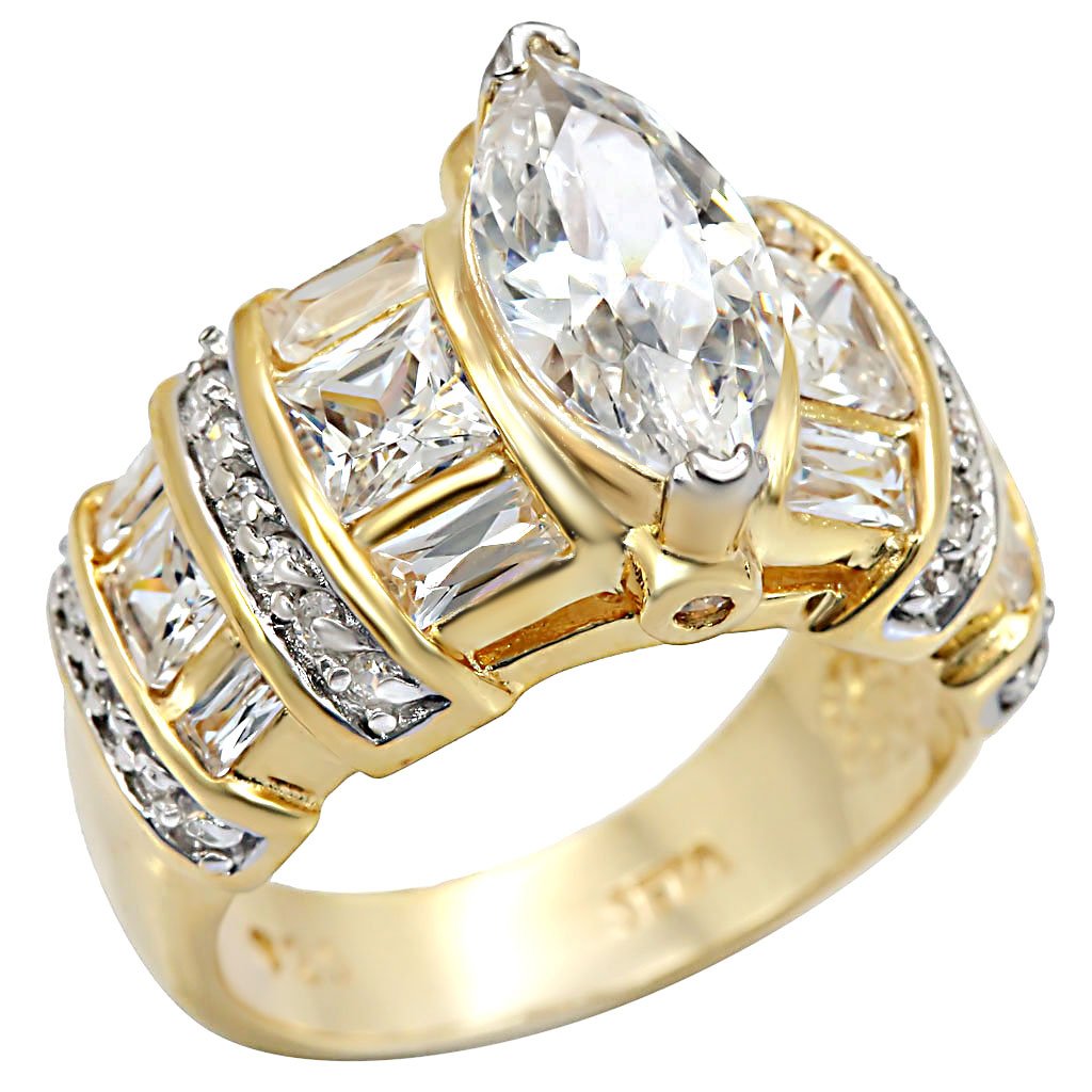 LOS414 Gold and Rhodium 925 Sterling Silver Ring featuring a clear AAA Grade CZ center stone, showcasing elegance and craftsmanship.