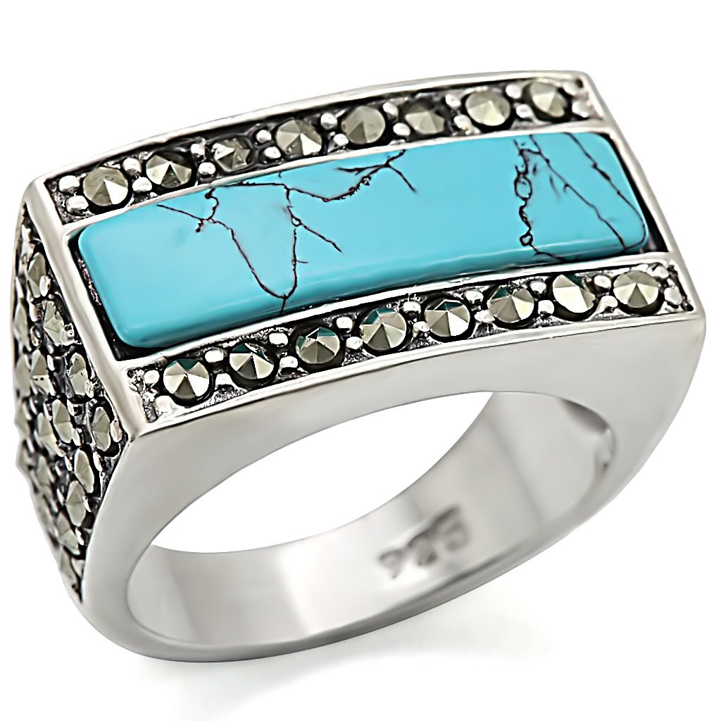 LOS461 Antique Tone 925 Sterling Silver Ring featuring a vibrant synthetic turquoise stone in sea blue, showcasing intricate design and craftsmanship.