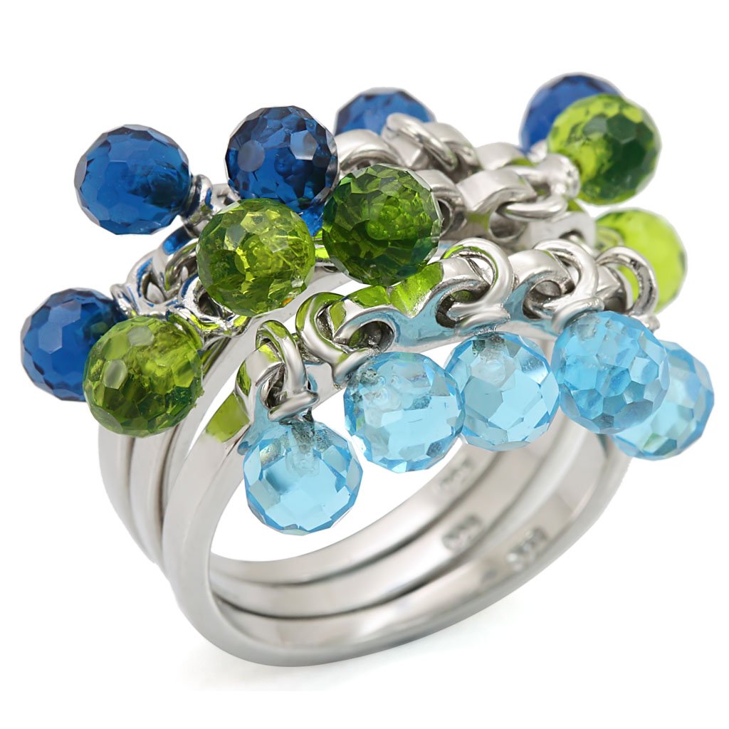 LOS462 Rhodium 925 Sterling Silver Ring featuring a vibrant multi-color synthetic glass centerpiece, showcasing its elegant design.