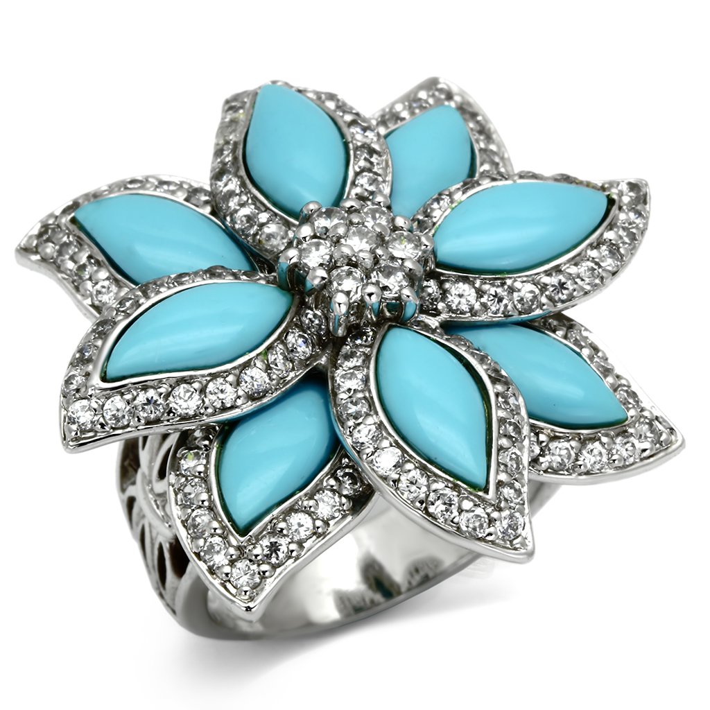 LOS557 Rhodium 925 Sterling Silver Ring featuring a vibrant synthetic turquoise stone in sea blue color, elegantly designed for any occasion.