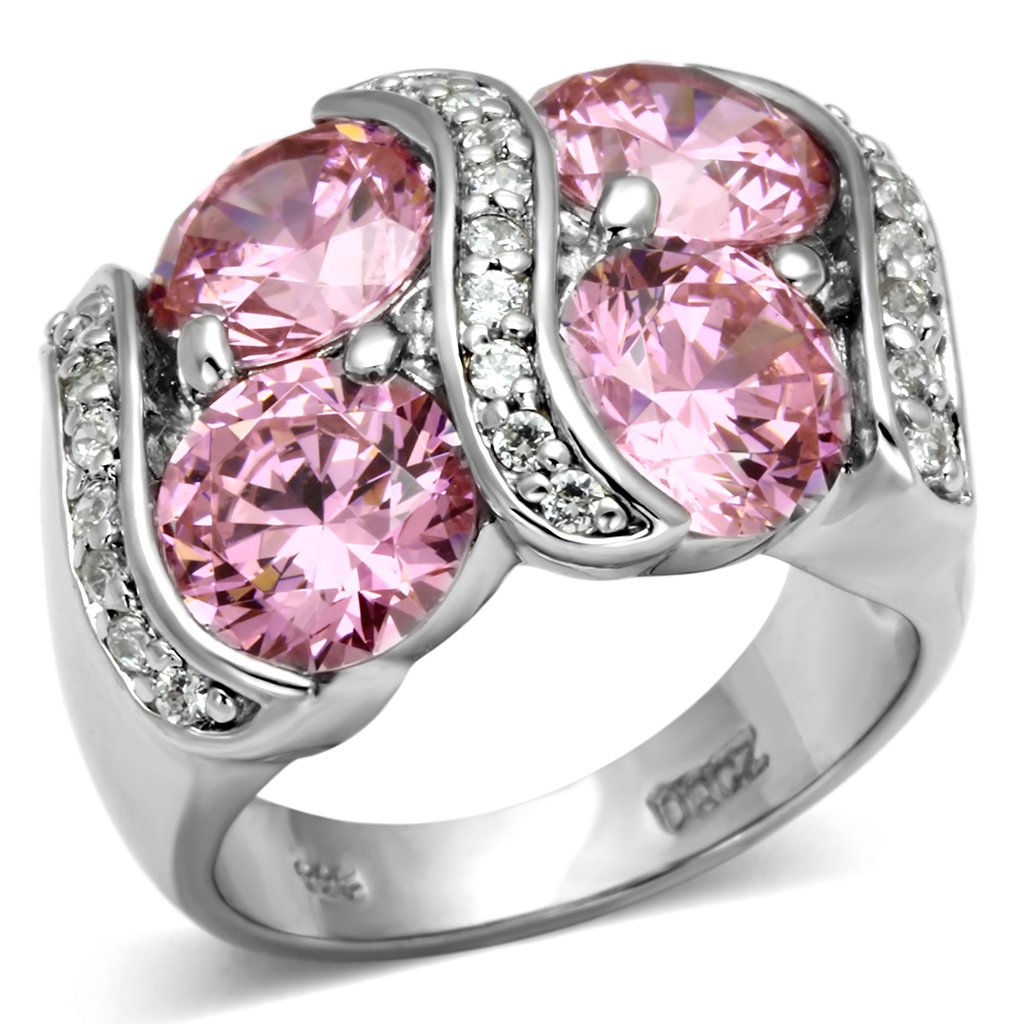 LOS570 Rhodium 925 Sterling Silver Ring featuring a rose-colored AAA Grade CZ stone, showcasing its elegant design and high-quality craftsmanship.