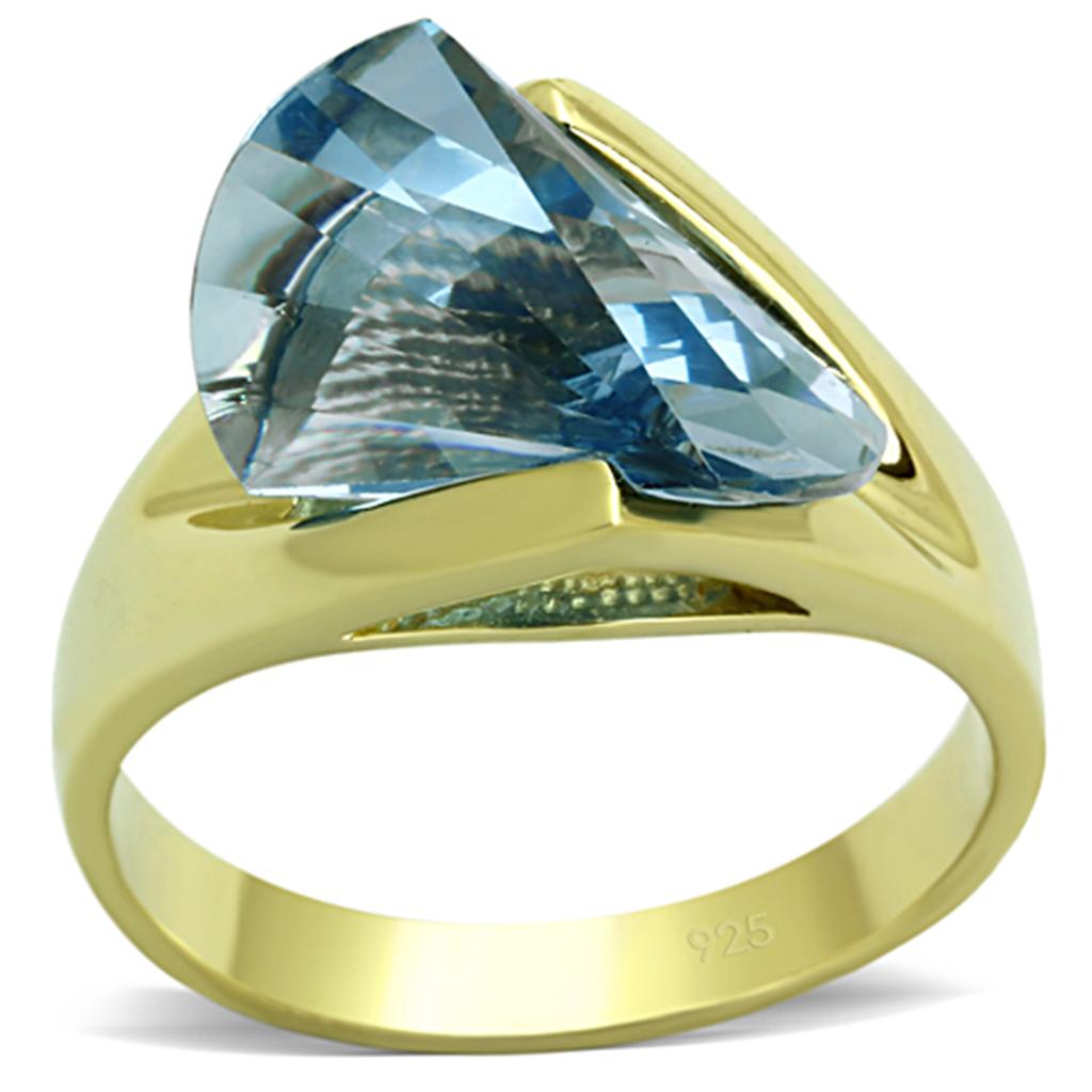 LOS653 Gold 925 Sterling Silver Ring featuring a vibrant sea blue synthetic spinel, showcasing its elegant design and luxurious gold finish.