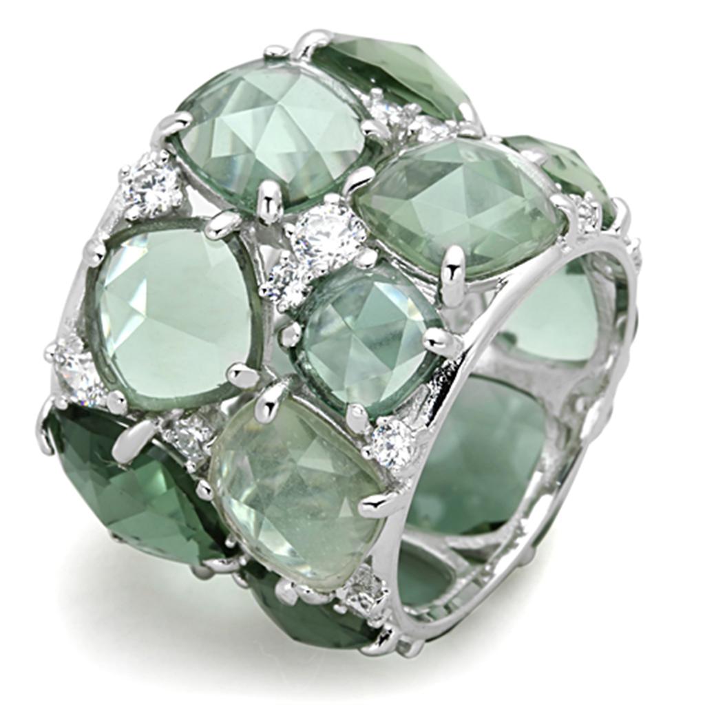 LOS764 Rhodium 925 Sterling Silver Ring featuring a vibrant synthetic emerald stone, showcasing its elegant design and shiny finish.