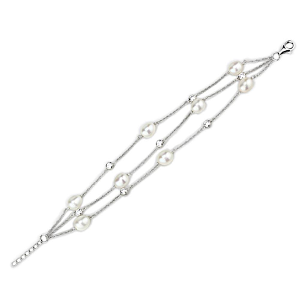 LOS781 Rhodium 925 Sterling Silver Bracelet featuring a white synthetic pearl centerpiece, showcasing elegance and craftsmanship.