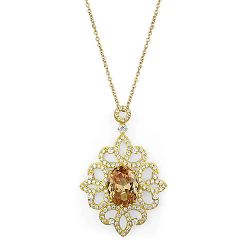 LOS784 Gold 925 Sterling Silver Chain Pendant featuring AAA Grade champagne CZ stone, showcasing elegance and craftsmanship.