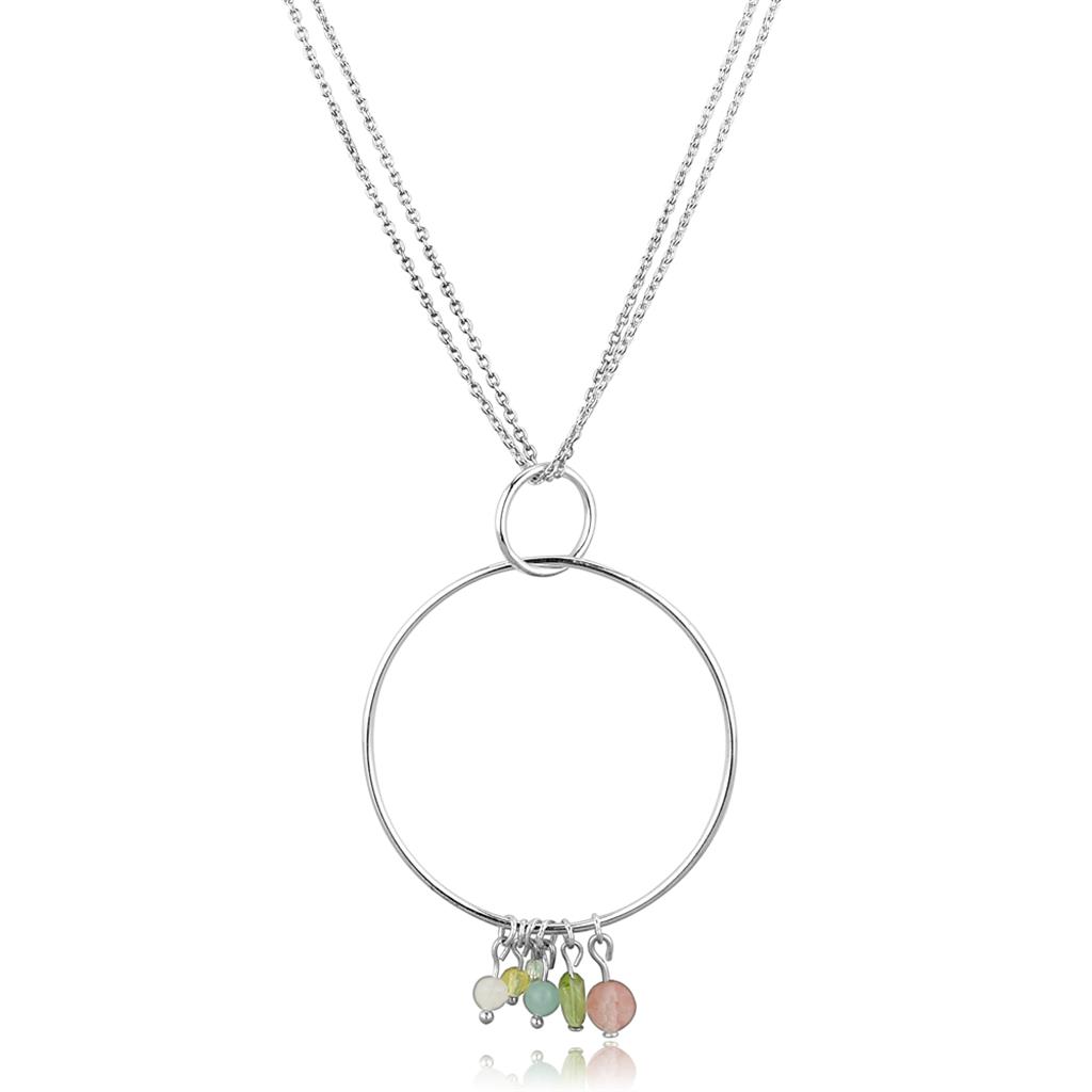 LOS796 Silver 925 Sterling Silver Necklace featuring a vibrant multi-color synthetic glass bead centerpiece, elegantly designed for any occasion.