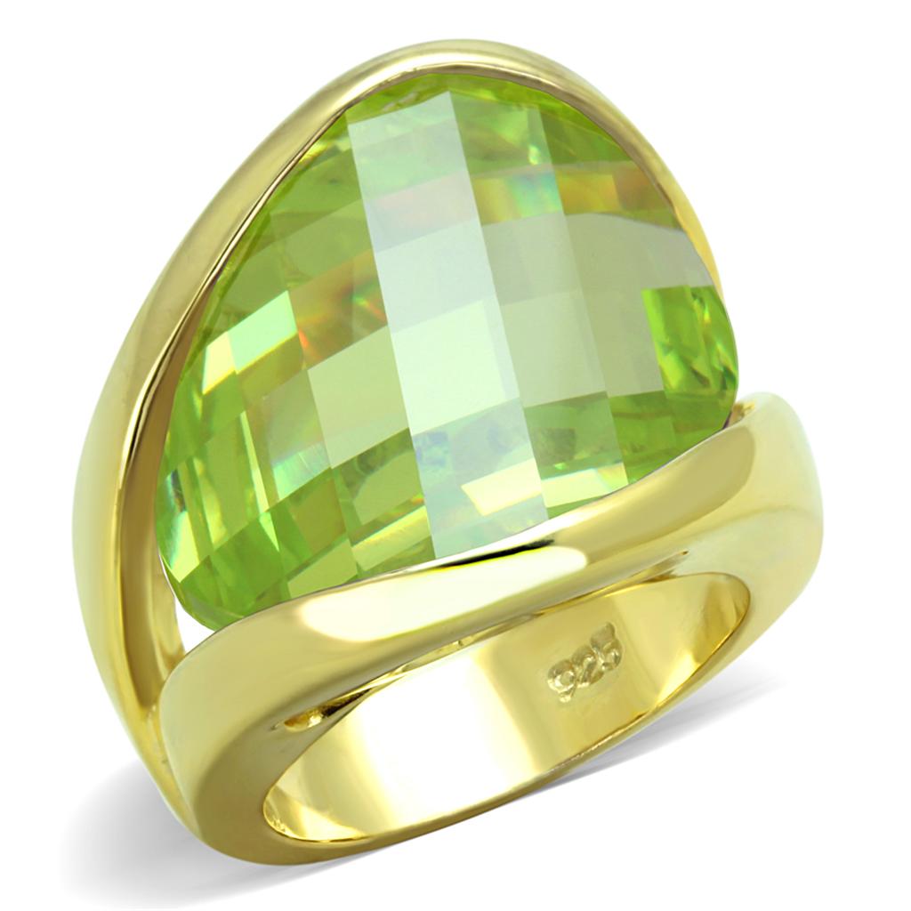 LOS823 Gold 925 Sterling Silver Ring featuring a vibrant apple green synthetic glass center stone, elegantly designed for any occasion.