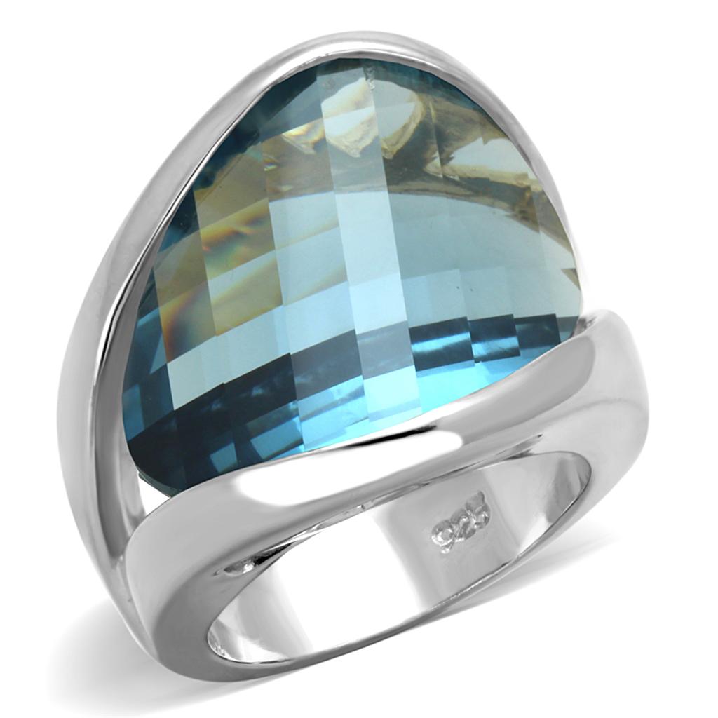 LOS831 Rhodium 925 Sterling Silver Ring featuring a sea blue synthetic glass stone, elegantly designed for modern style.