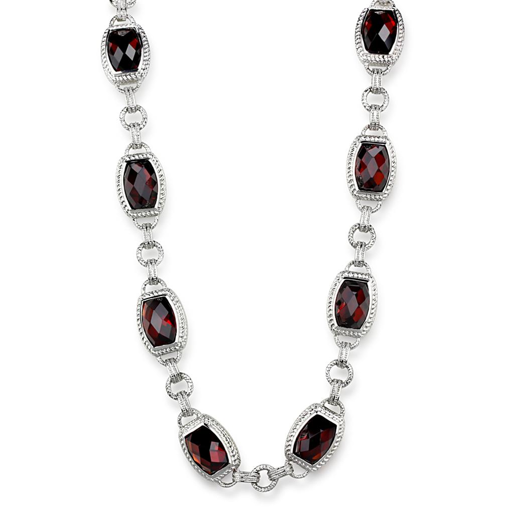 LOS877 Rhodium 925 Sterling Silver Necklace featuring AAA Grade CZ in garnet color, showcasing its elegant design and high-quality materials.