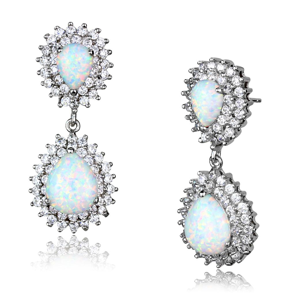 LOS879 Rhodium 925 Sterling Silver Earrings featuring semi-precious opal stones with an Aurora Borealis color effect.