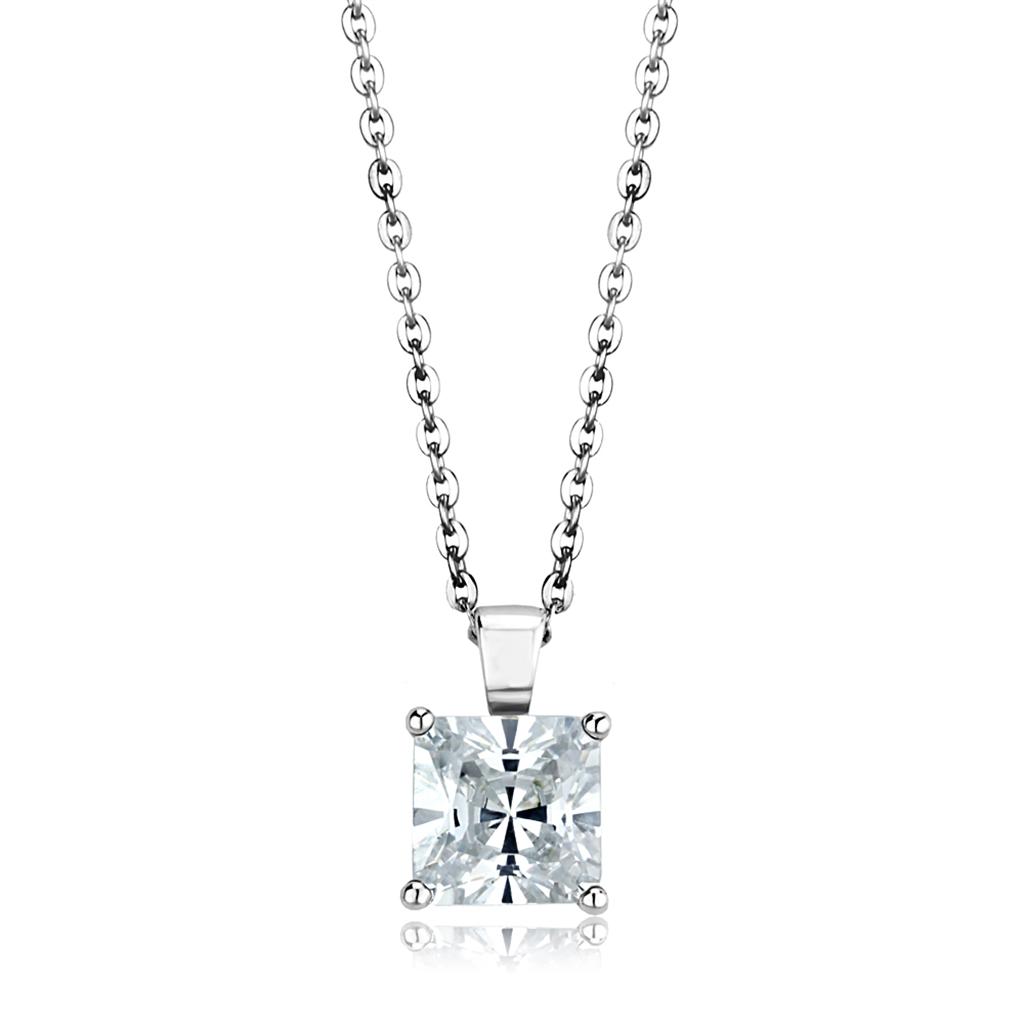 LOS895 Rhodium 925 Sterling Silver Chain Pendant featuring a clear AAA Grade CZ stone, showcasing its elegant design and high-quality craftsmanship.