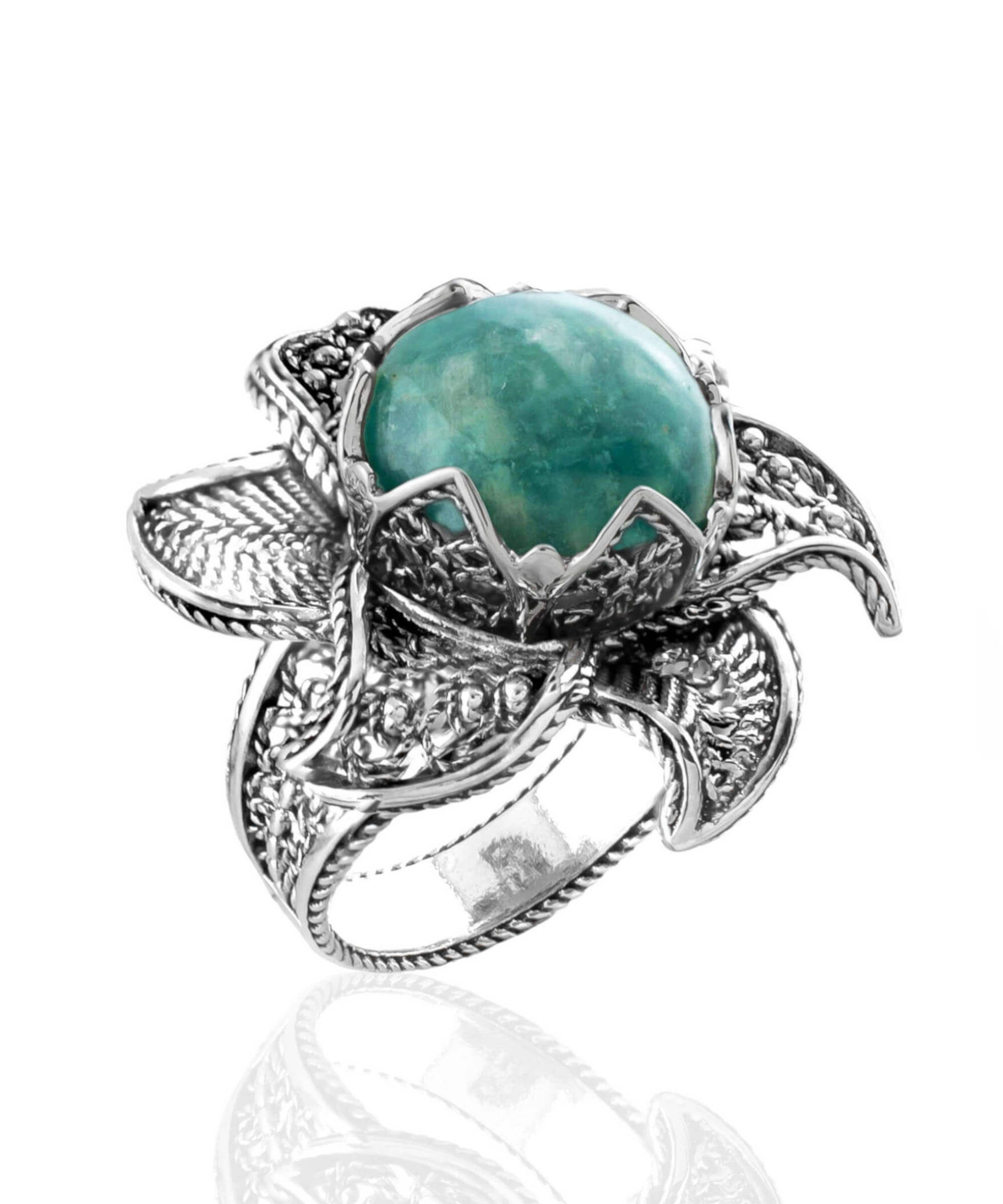 Elegant 925 sterling silver statement ring featuring a 12mm amazonite gemstone and intricate lotus flower filigree design.