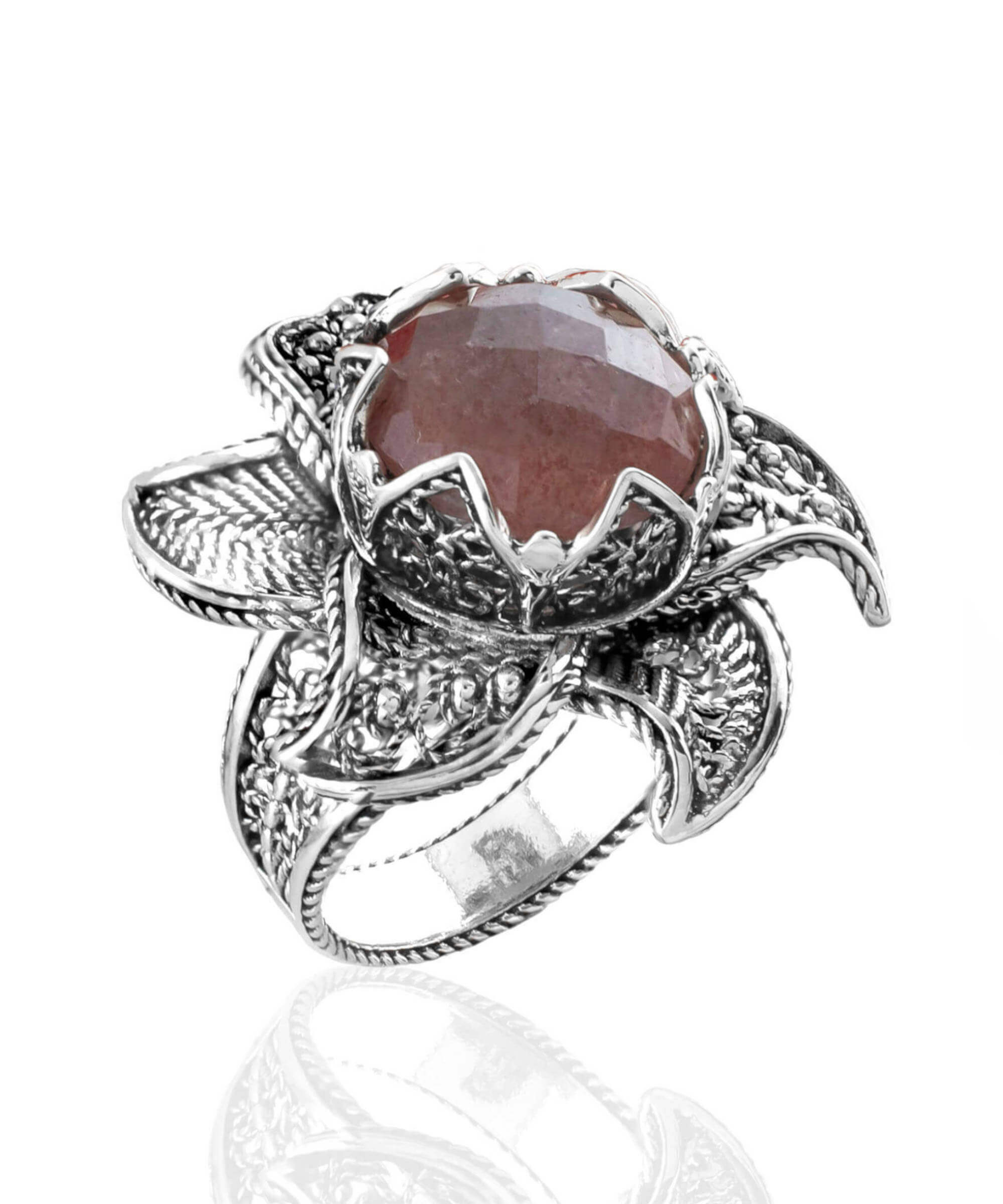 Lotus Flower Cherry Quartz Gemstone Women Silver Statement Ring featuring a dark pink cherry quartz stone and intricate filigree design.