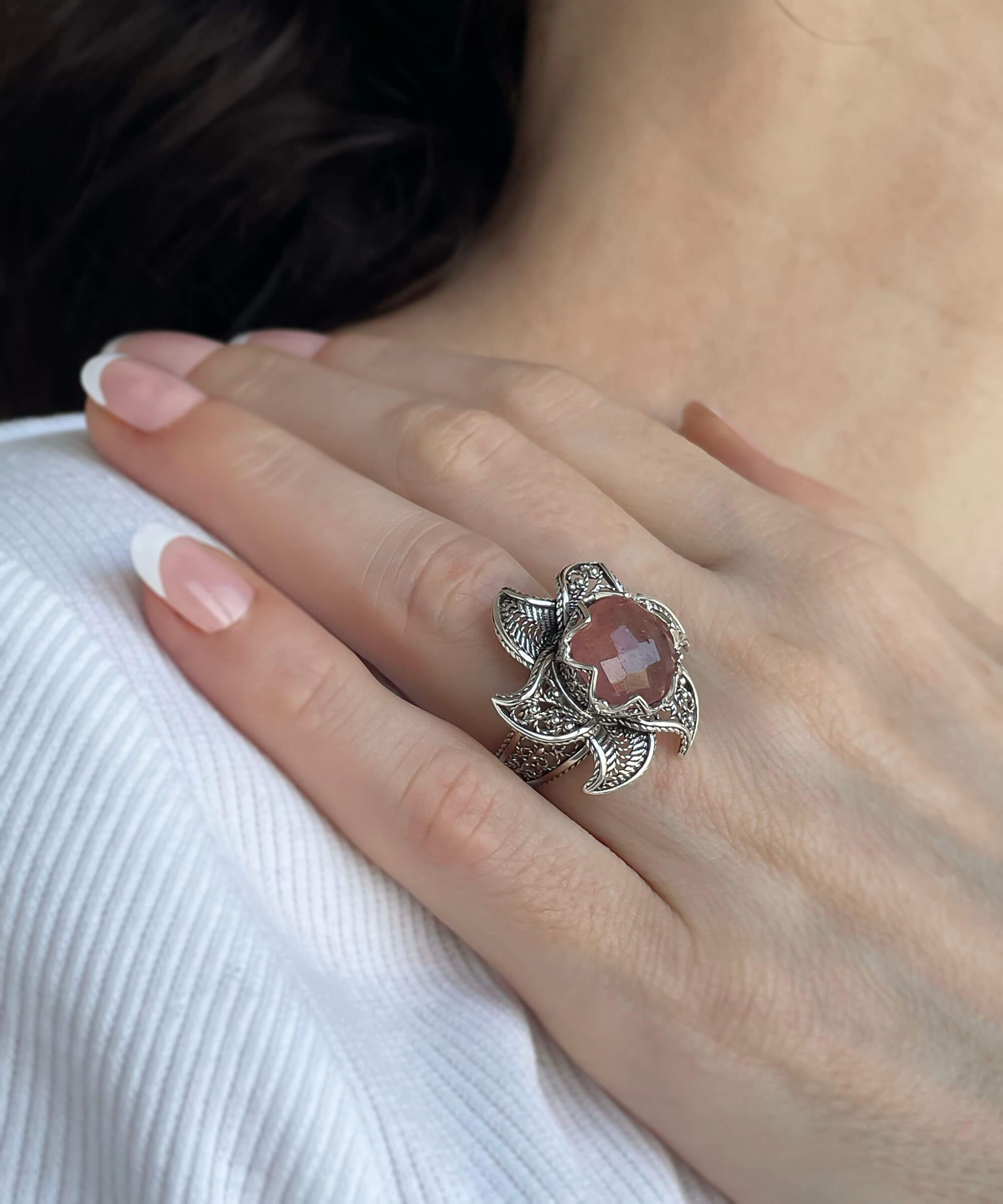 Lotus Flower Cherry Quartz Gemstone Women Silver Statement Ring featuring a dark pink cherry quartz stone and intricate filigree design.