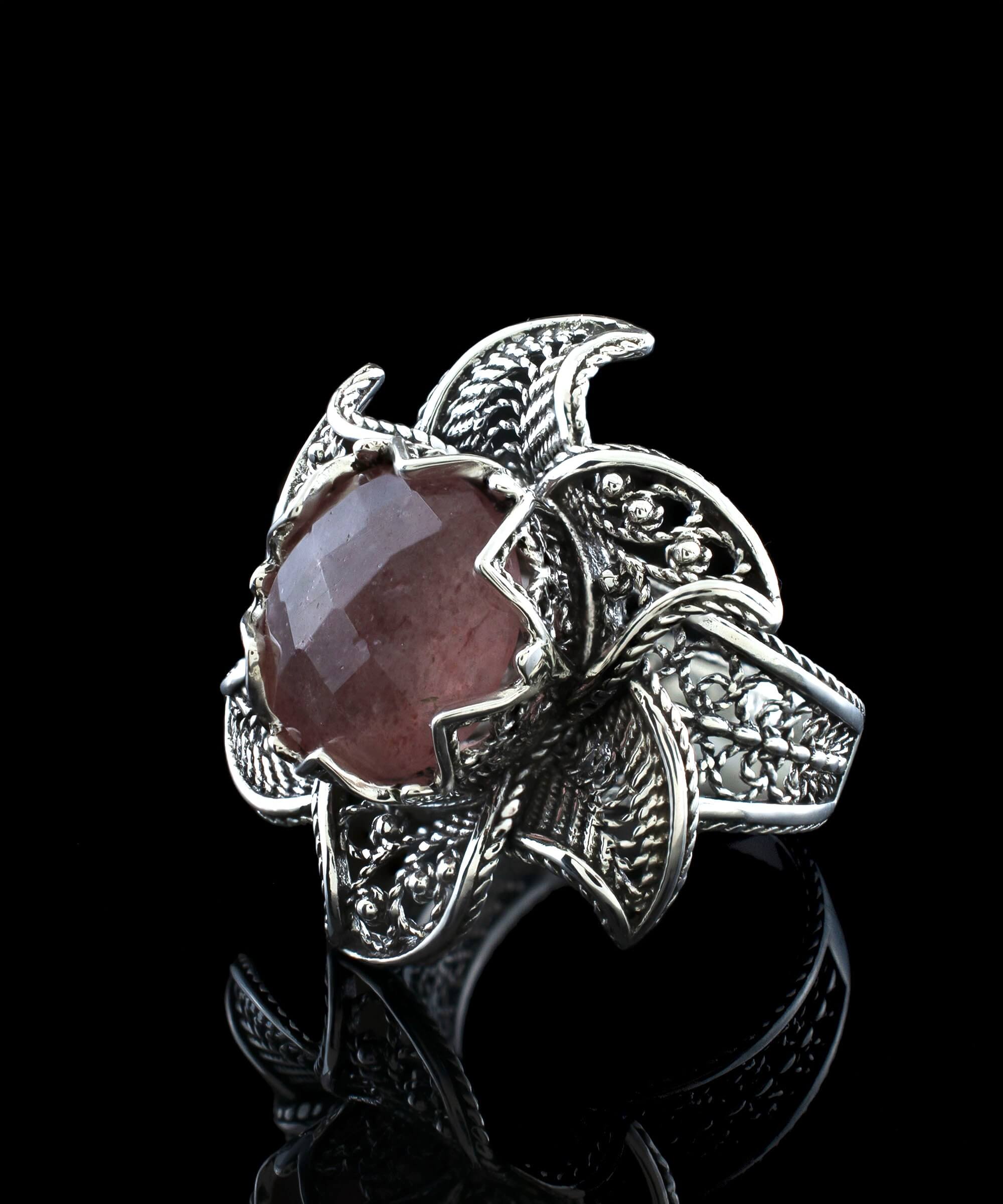 Lotus Flower Cherry Quartz Gemstone Women Silver Statement Ring featuring a dark pink cherry quartz stone and intricate filigree design.