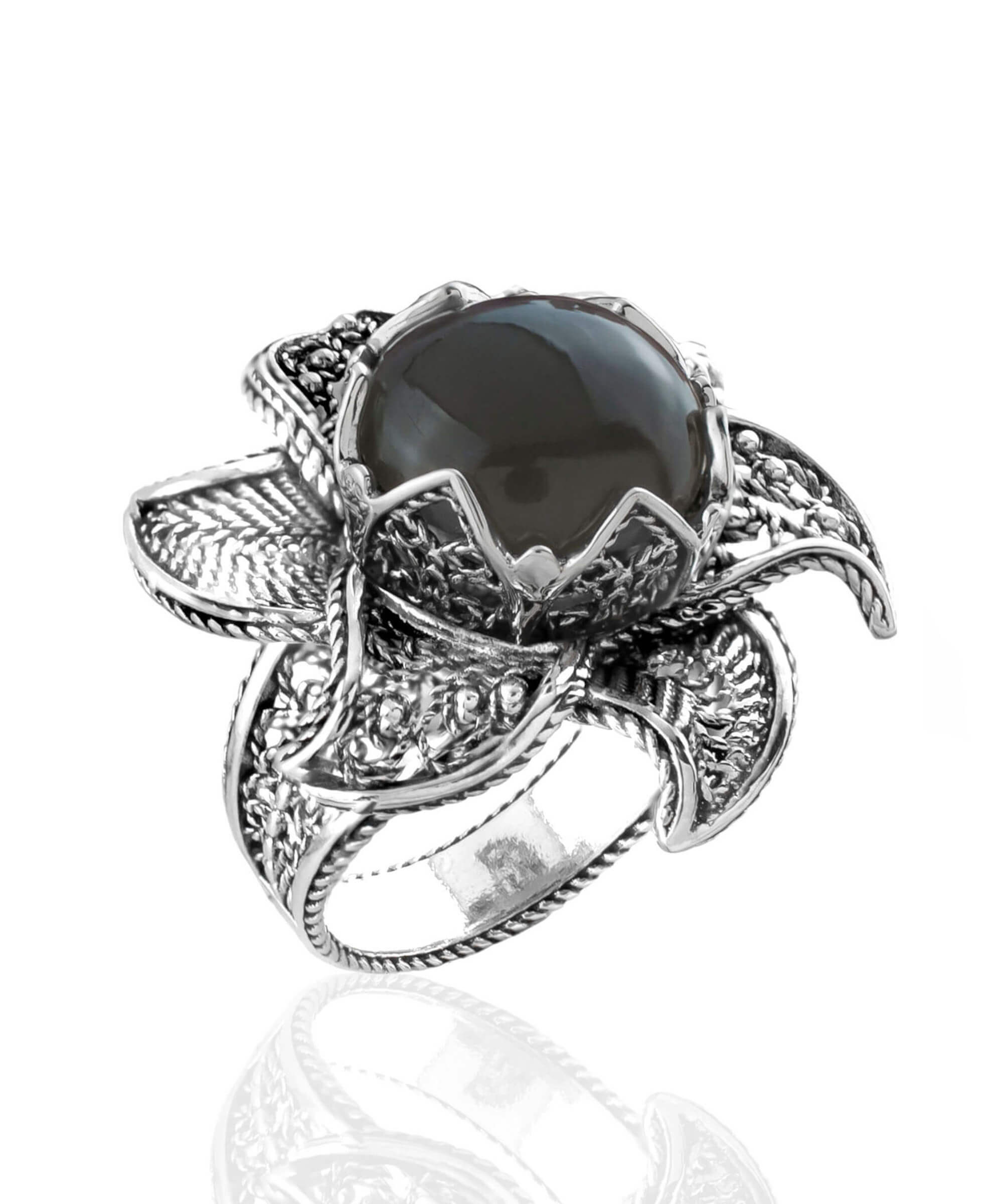 Lotus Flower Gray Moonstone Gemstone Women Silver Statement Ring featuring a 12 mm gray moonstone and intricate filigree design.